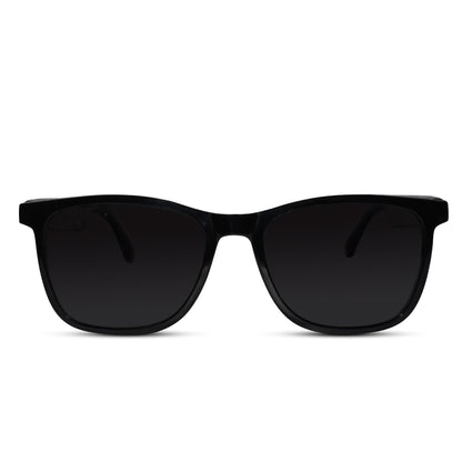 Front view of Black Smart AI Translation Smart Glasses with Bluetooth 5.3. Best designer eyeglasses for men & women. Sleek design, ideal for music and calls