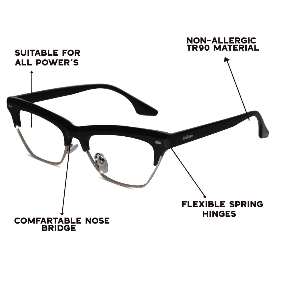 Black with Silver Cat eye Computer Glasses For Women