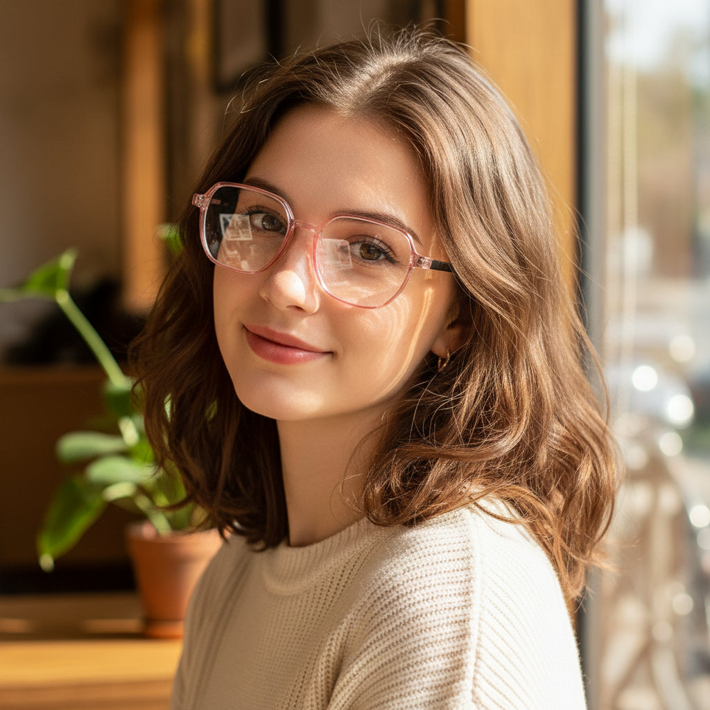 Crystal Pink Hexagonal Eyeglasses For Women LKE143-PNK