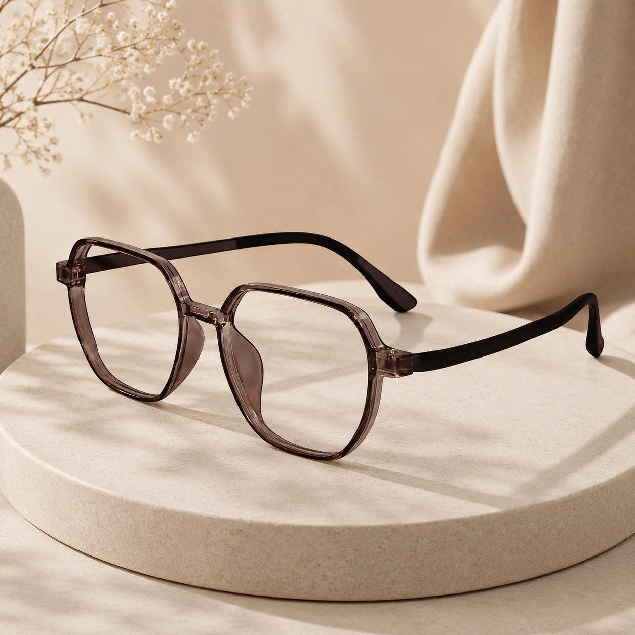 Crystal Brown Hexagonal Eyeglasses For Women LKE143-BRN