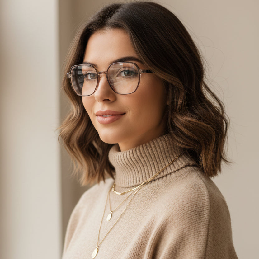 Crystal Brown Hexagonal Eyeglasses For Women LKE143-BRN