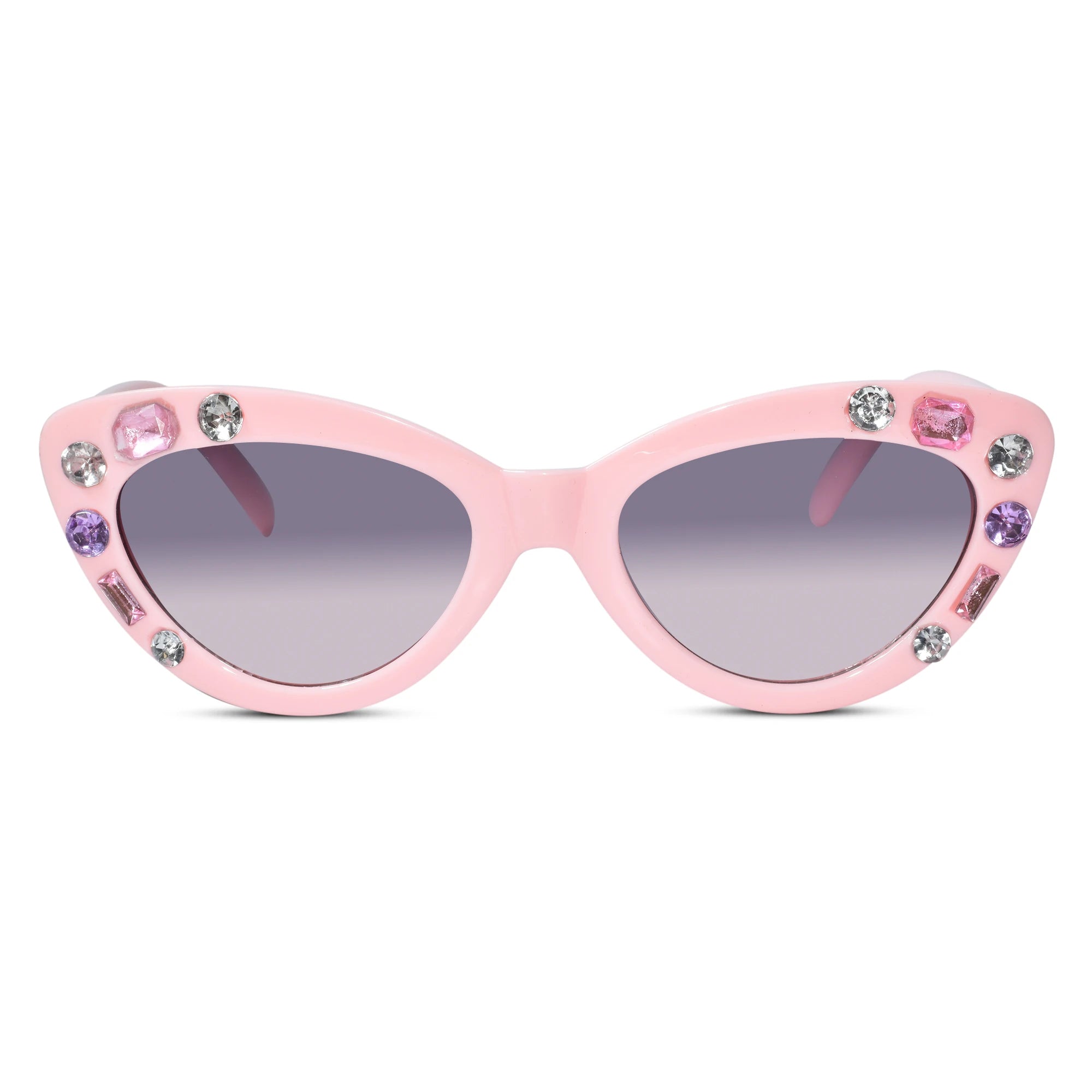 Pink cat-eye sunglasses adorned with pink, purple, and silver rhinestones around the frame, featuring gradient gray lenses.