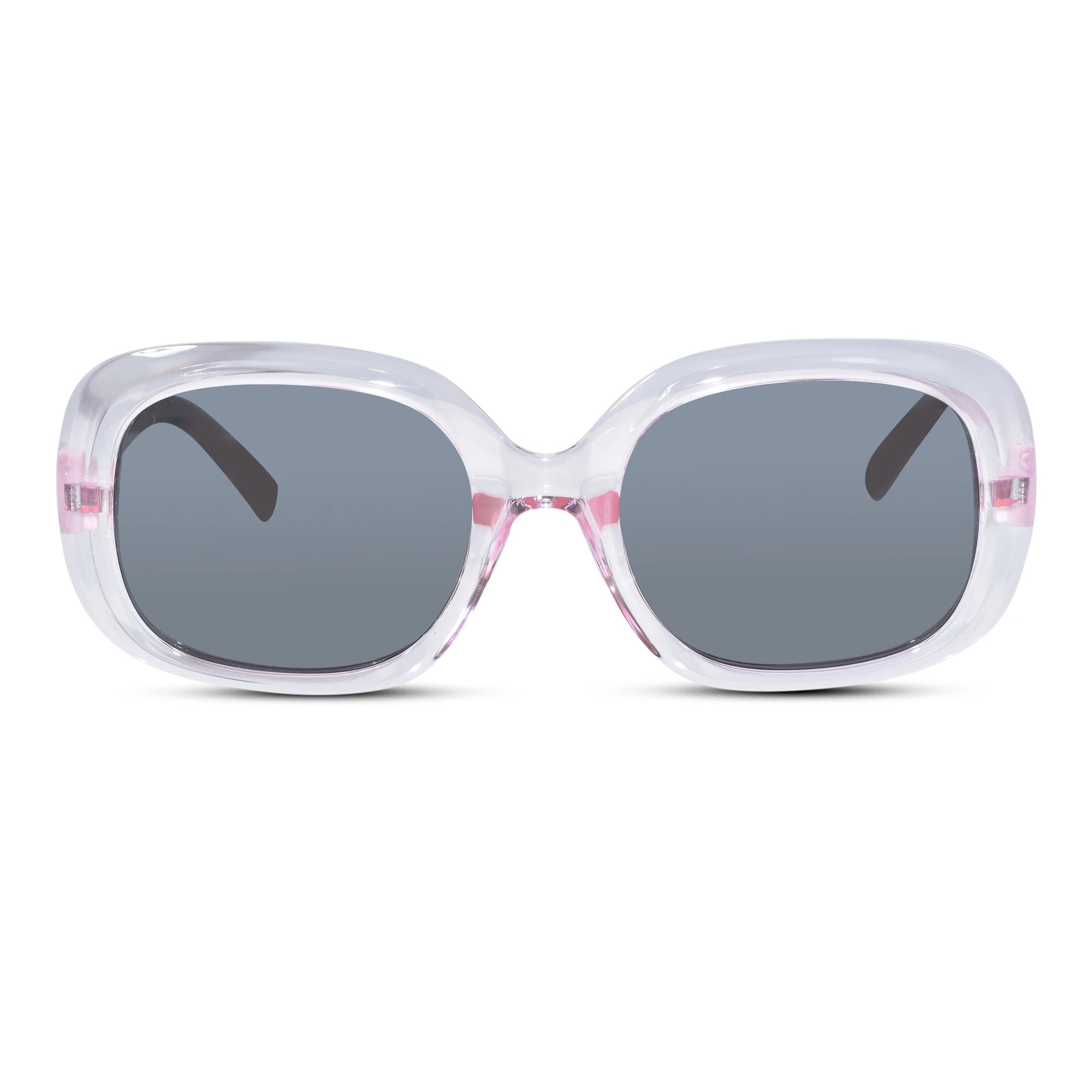 Oversized square sunglasses with a translucent white frame featuring pink floral details and dark gray lenses, shown against a plain white background.
