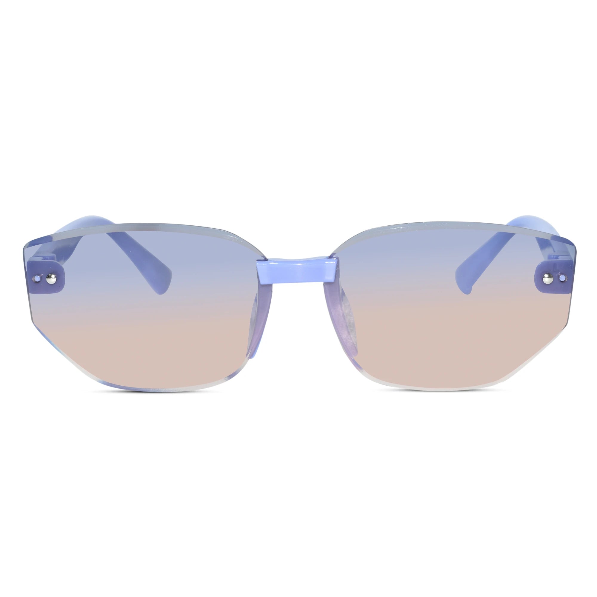 Oversized square rimless sunglasses with a light blue frame and gradient tinted lenses that fade from blue at the top to a soft peach-pink at the bottom, shown against a plain white background.