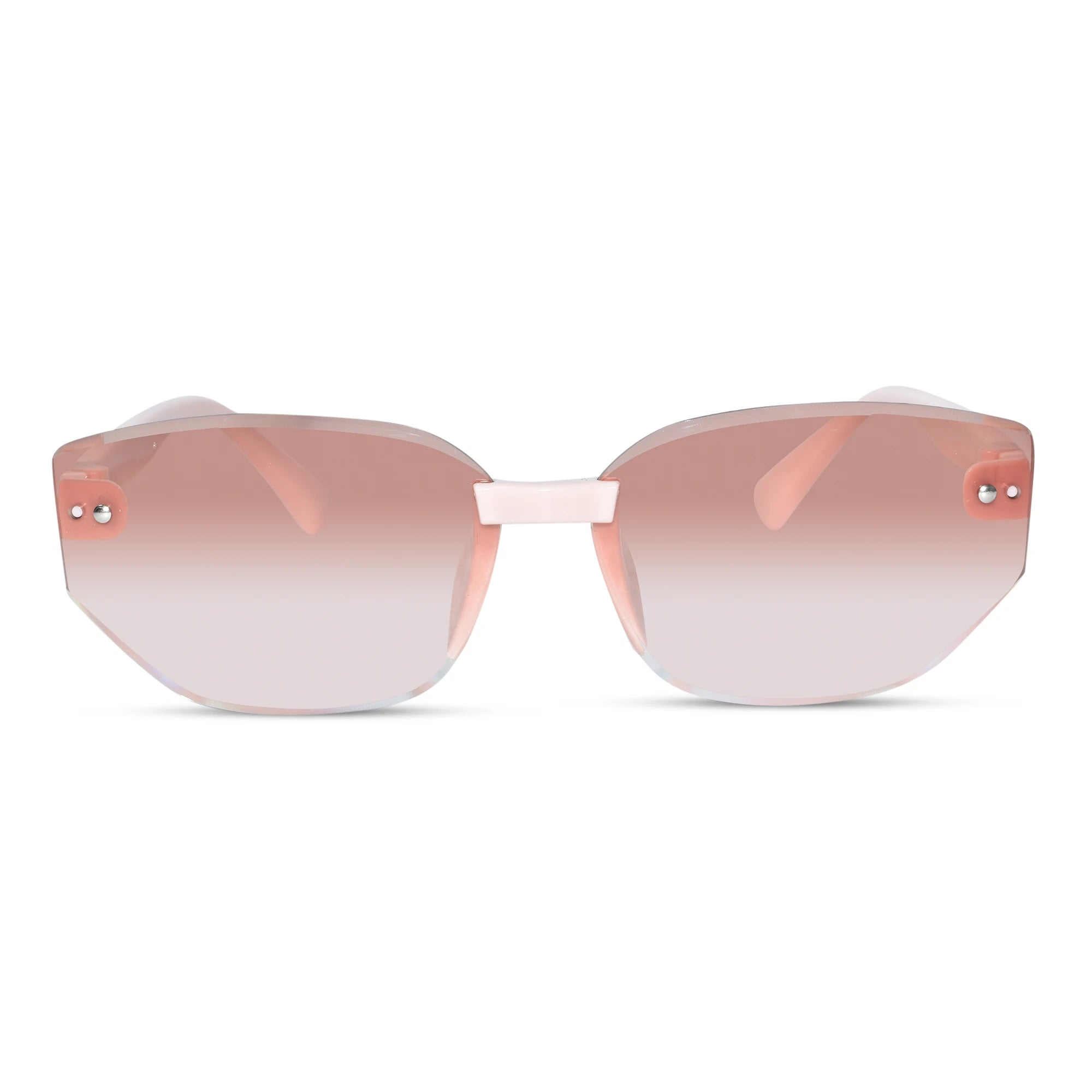 Rimless cat-eye sunglasses with a translucent pink frame and gradient rose-tinted lenses, shown against a plain white background.