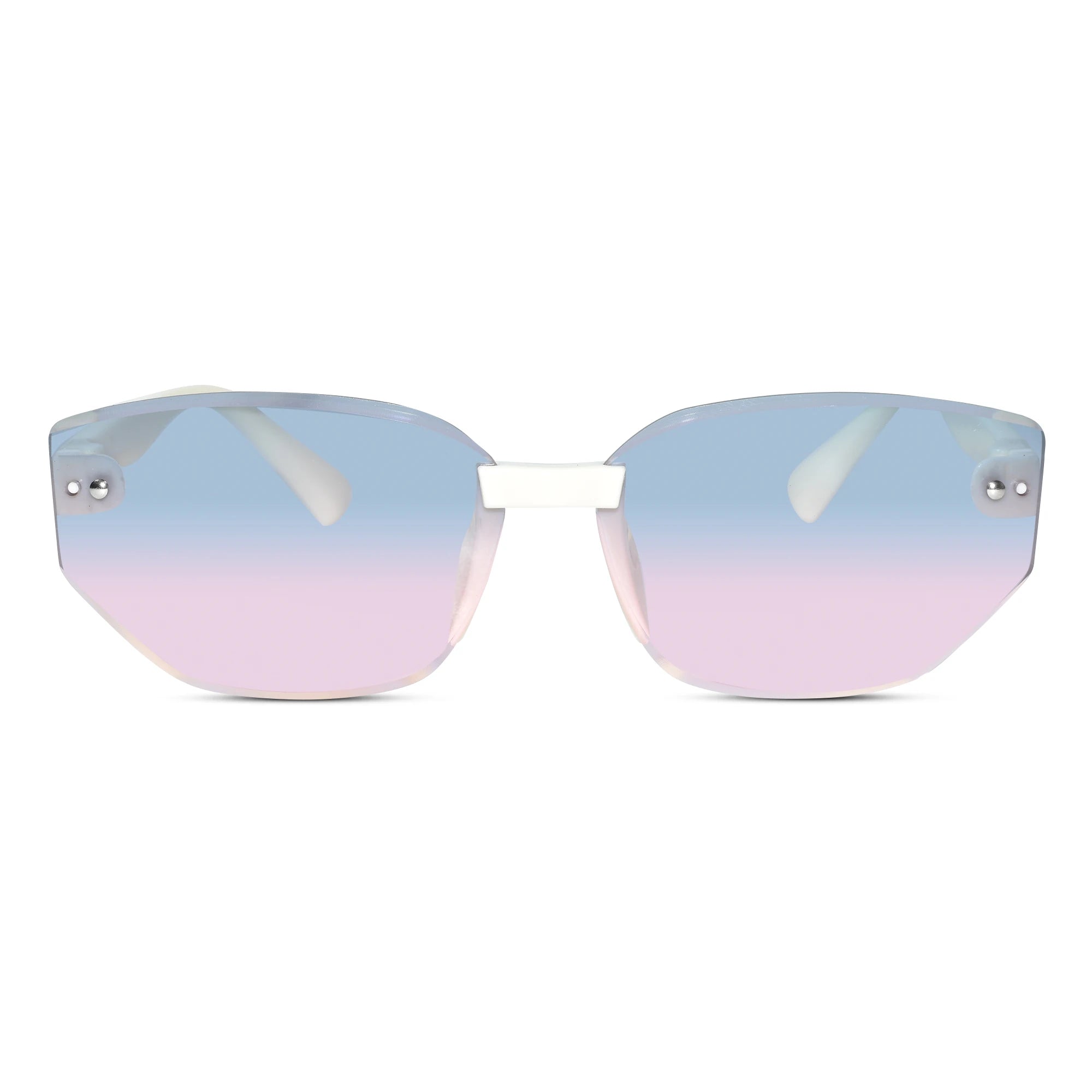 Oversized square sunglasses with a light blue to pink gradient lens and a white metal bridge, shown against a plain white background.