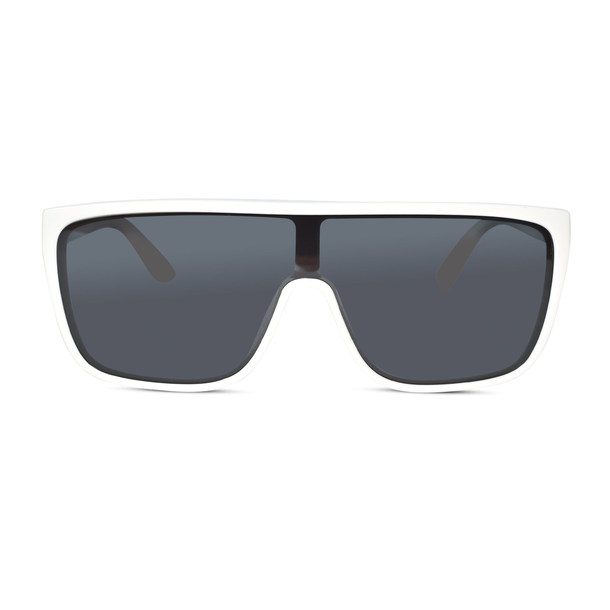 A pair of shield-style sunglasses with a thick white frame and dark gray lenses, shown from the front on a plain white background.