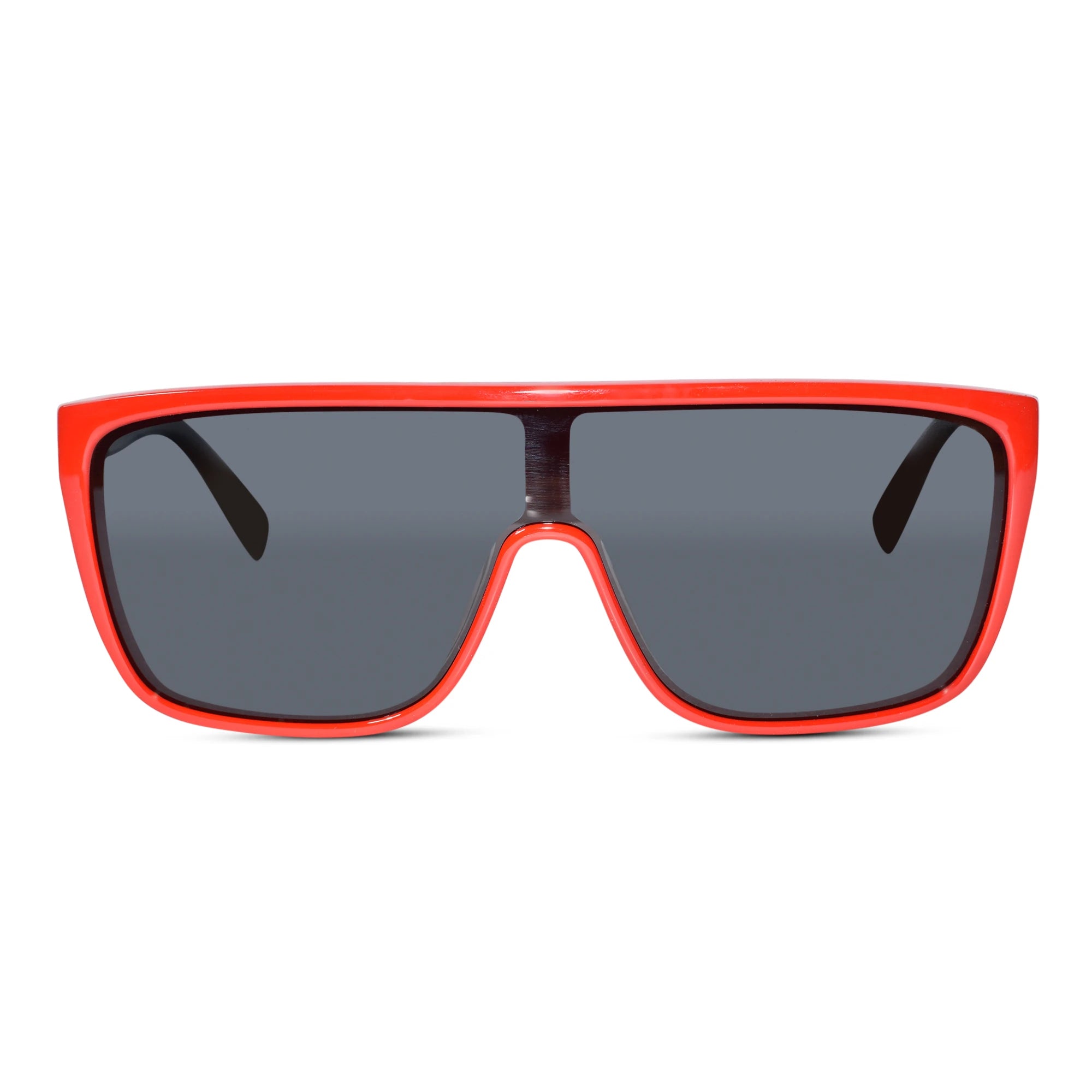 A pair of oversized shield-style sunglasses with a bright red frame and dark gray lenses, shown against a plain white background.