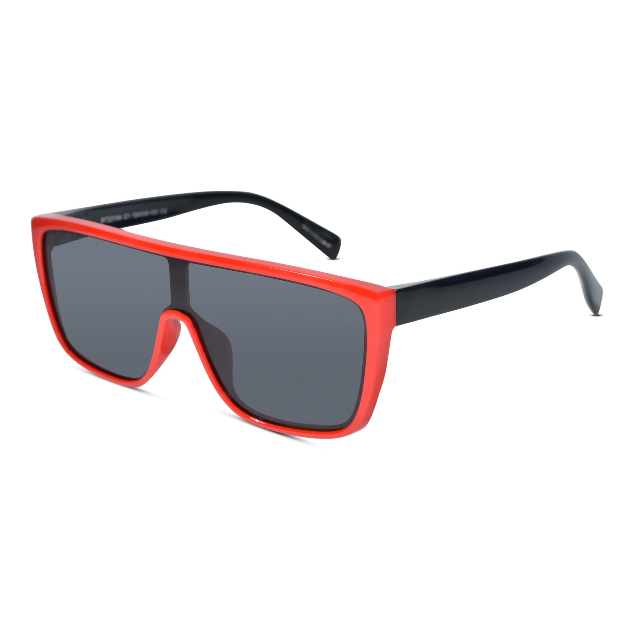 A pair of oversized shield-style sunglasses with a bright red frame and black temples, shown on a clean white background.
