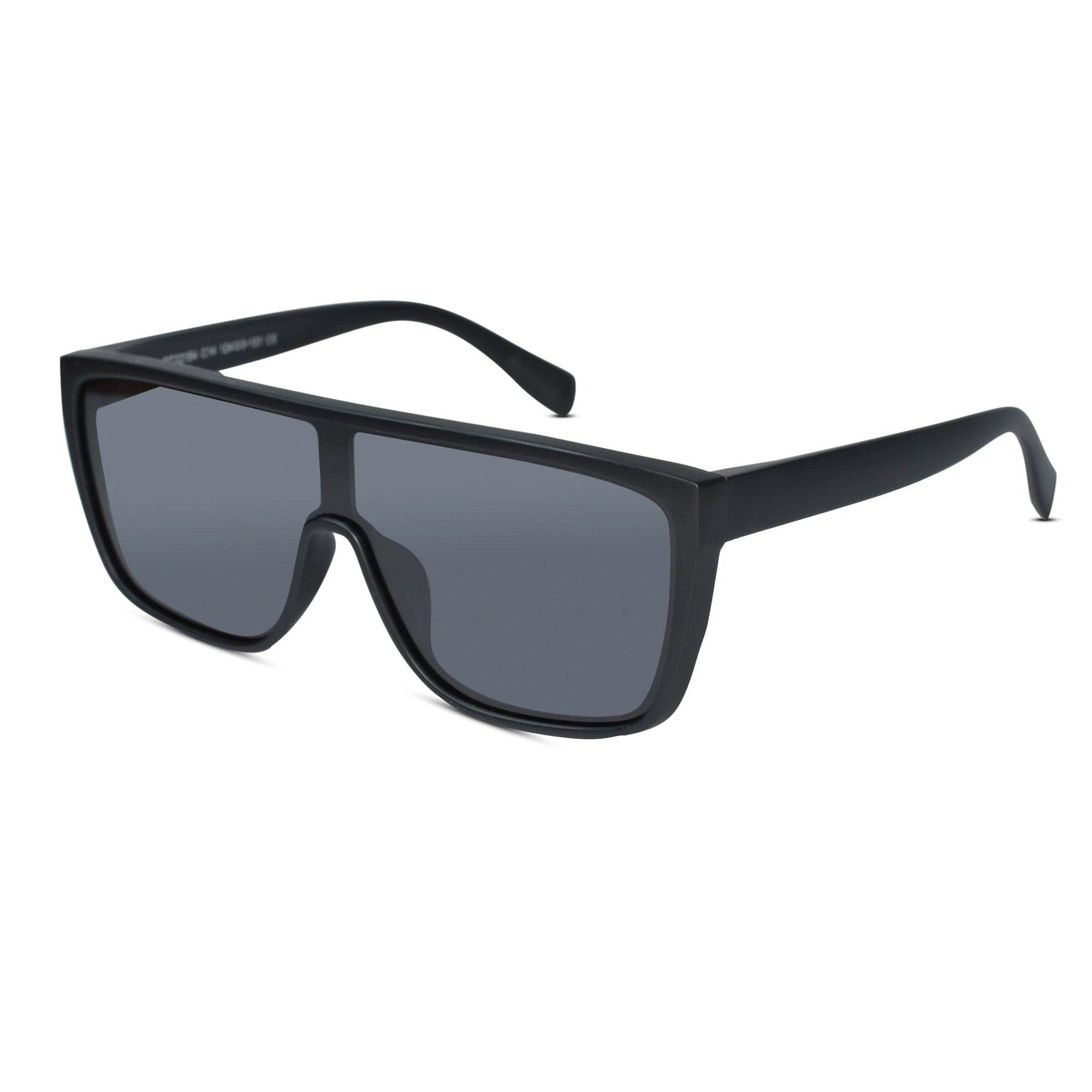 Matte black shield-style sunglasses with dark gray lenses, shown at a three-quarter angle on a plain white background.