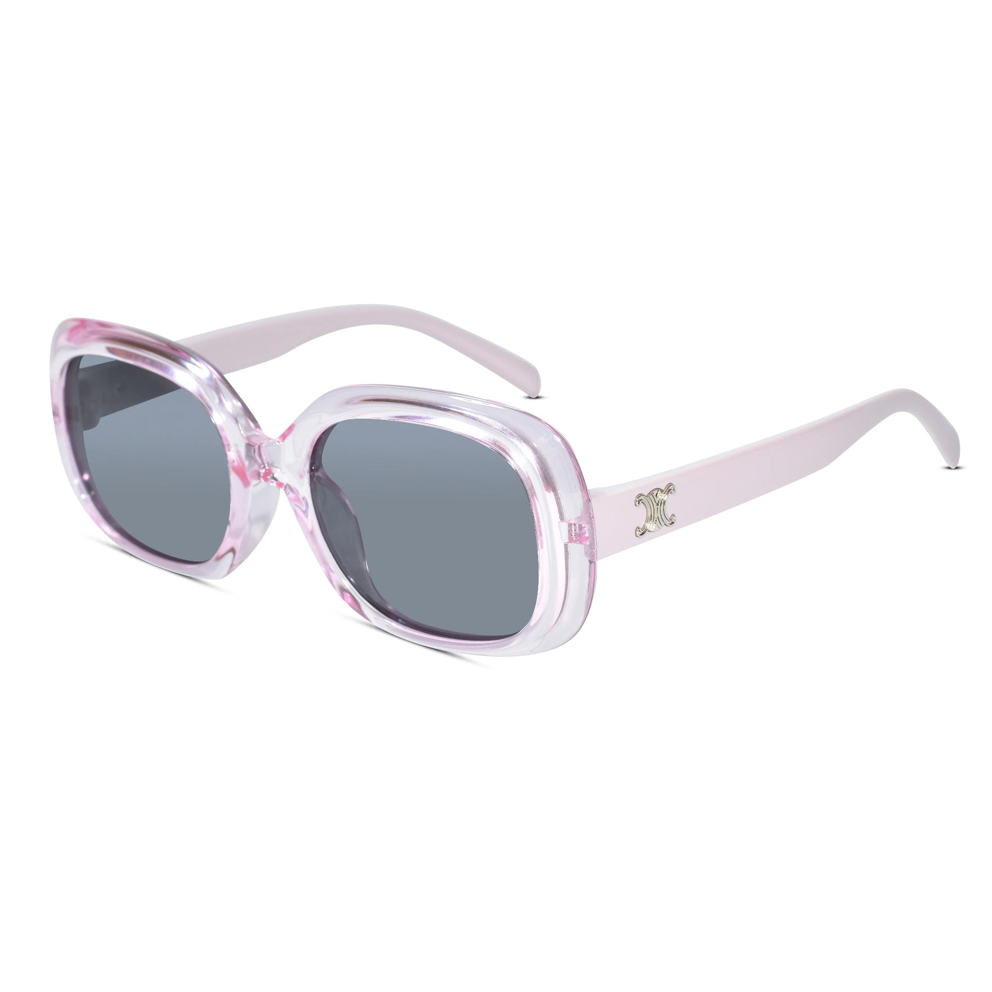 Sunglasses with gold frame and purple gradient lenses on a white background