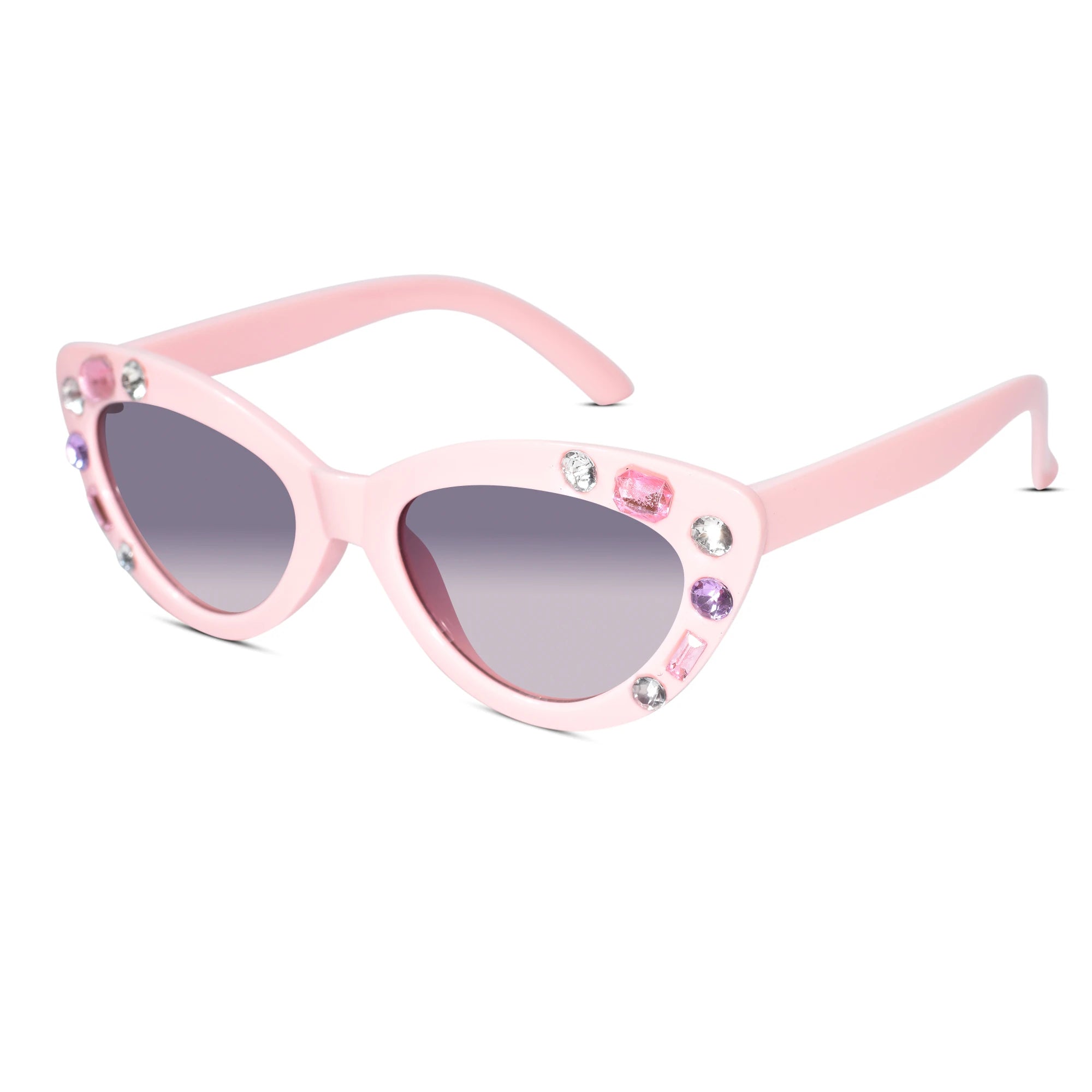 Pink cat-eye sunglasses adorned with rhinestones and featuring gradient gray lenses, shown on a plain white background.