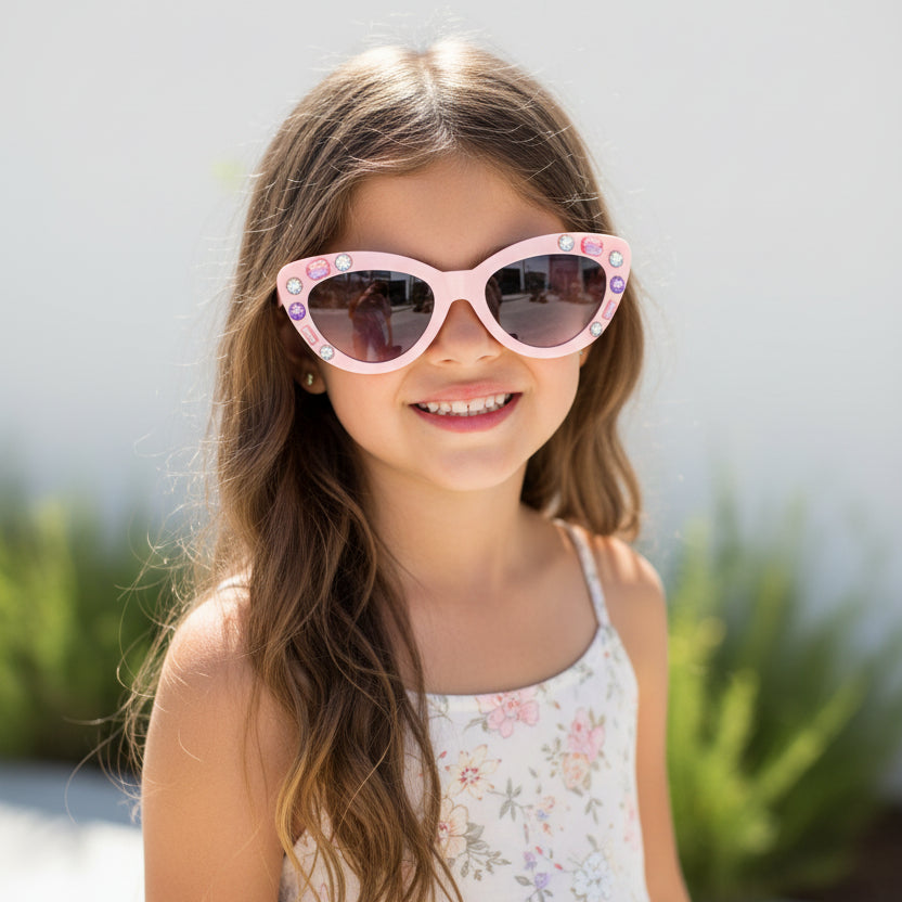 Pink cat-eye sunglasses adorned with rhinestones and featuring gradient gray lenses, shown on a plain white background.