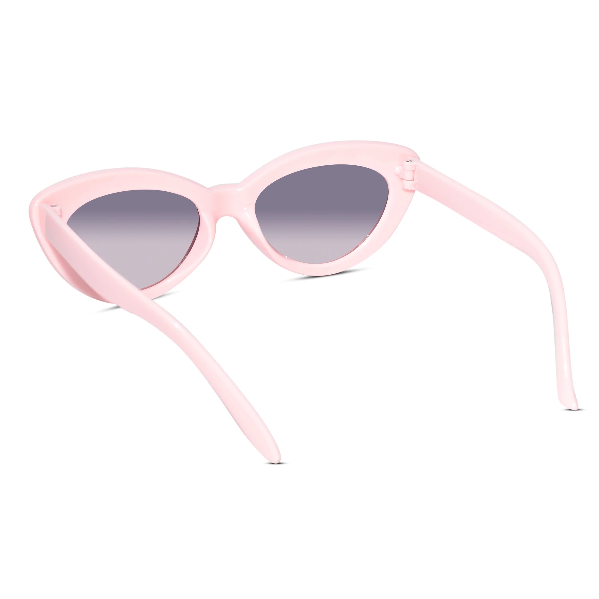 Light pink cat-eye sunglasses with gradient gray lenses, shown from a side angle on a solid white background.