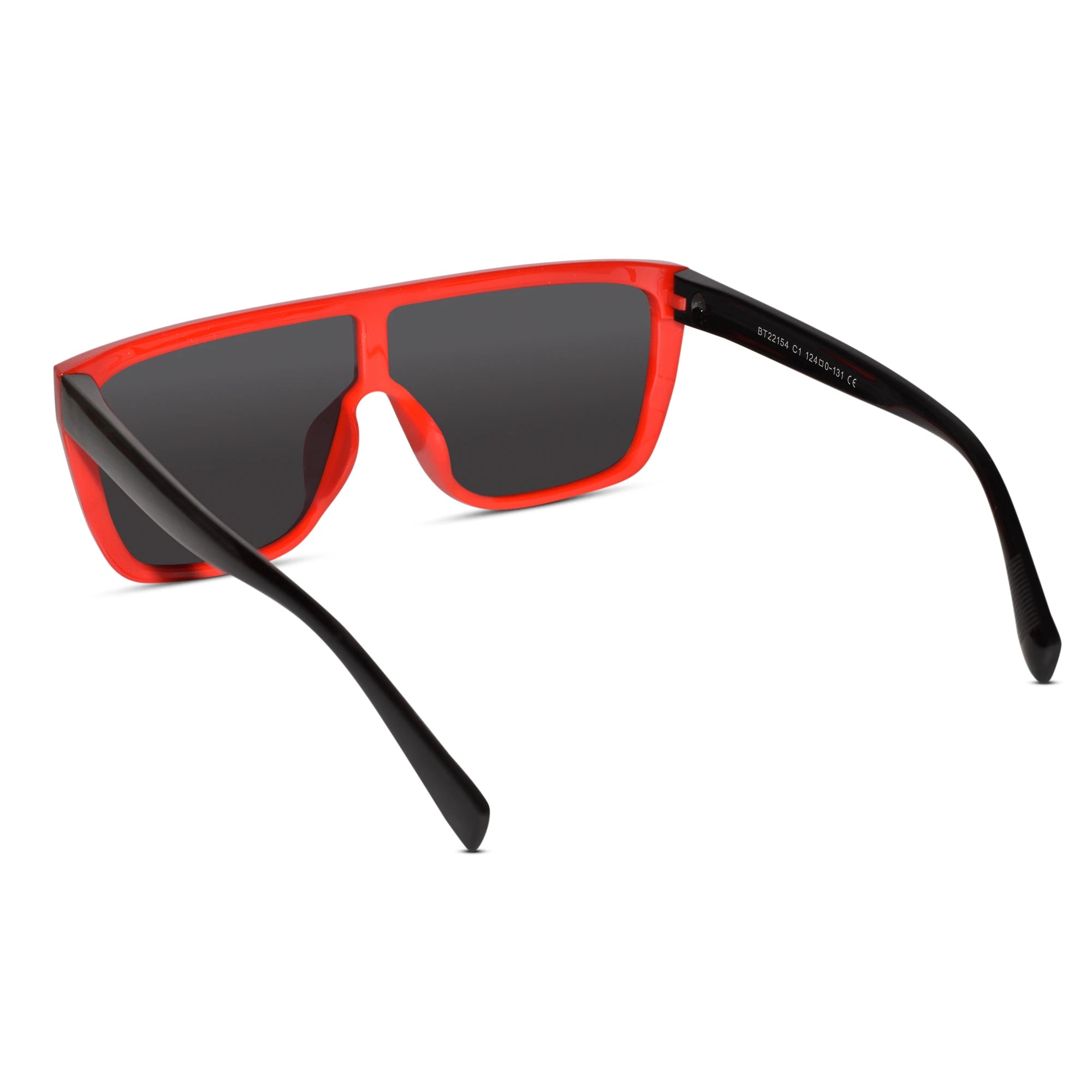 A pair of oversized shield-style sunglasses with a translucent bright red frame, black lenses, and black temples, shown on a clean white background.