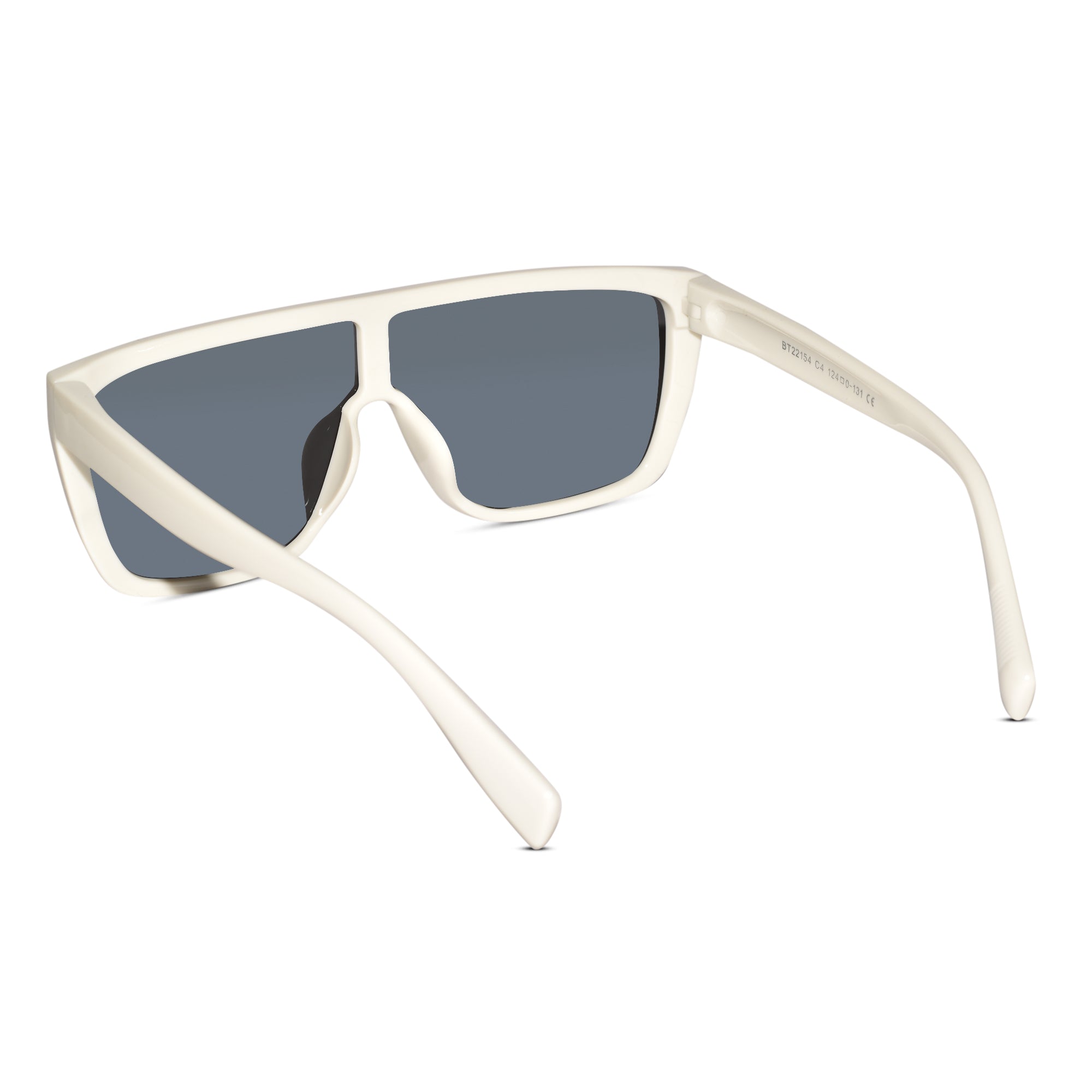 Off-white shield-style sunglasses with dark gray lenses, shown from a three-quarters angle on a solid white background.