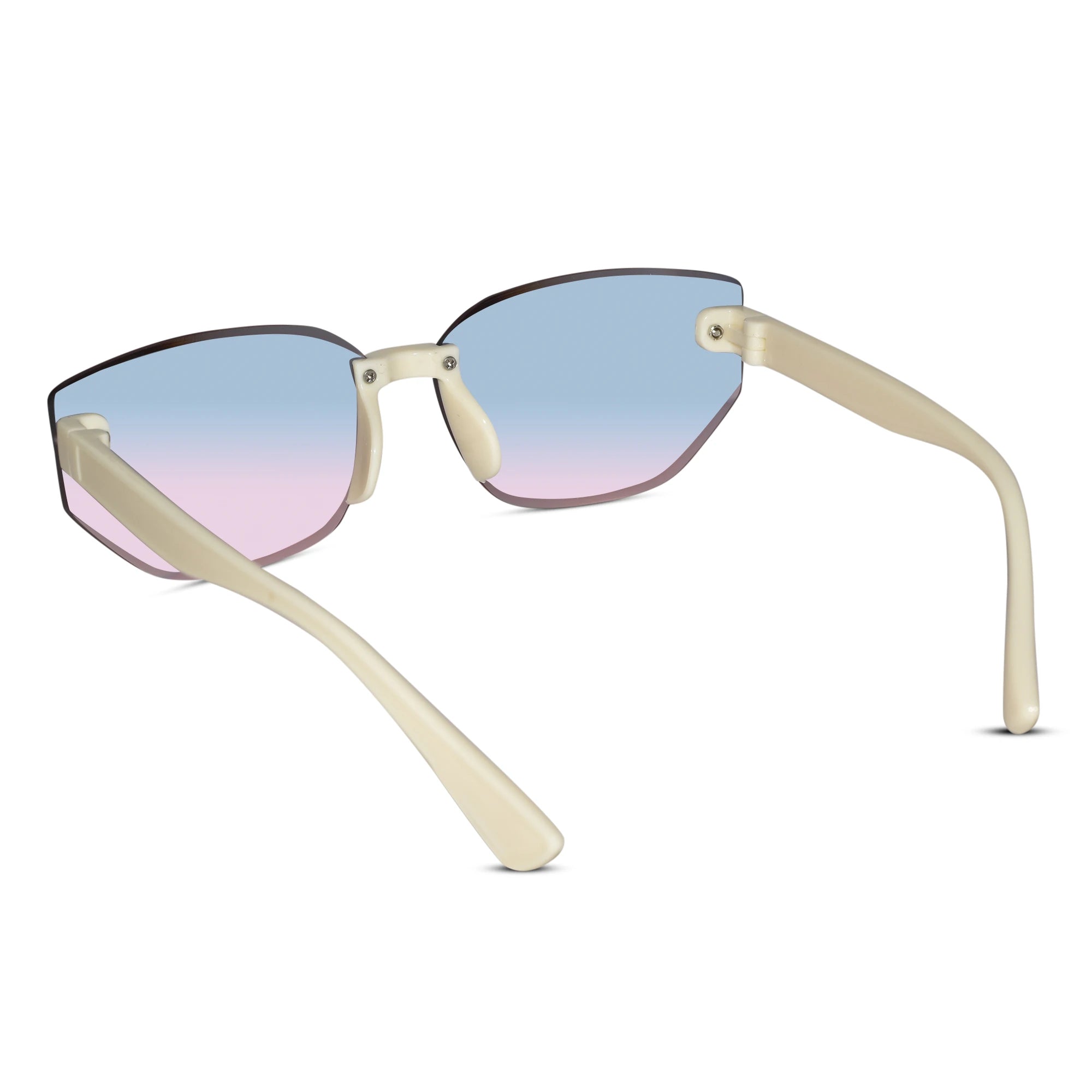 Him-style rimless sunglasses with a cream-colored frame and gradient blue-to-pink lenses, shown on a white background.