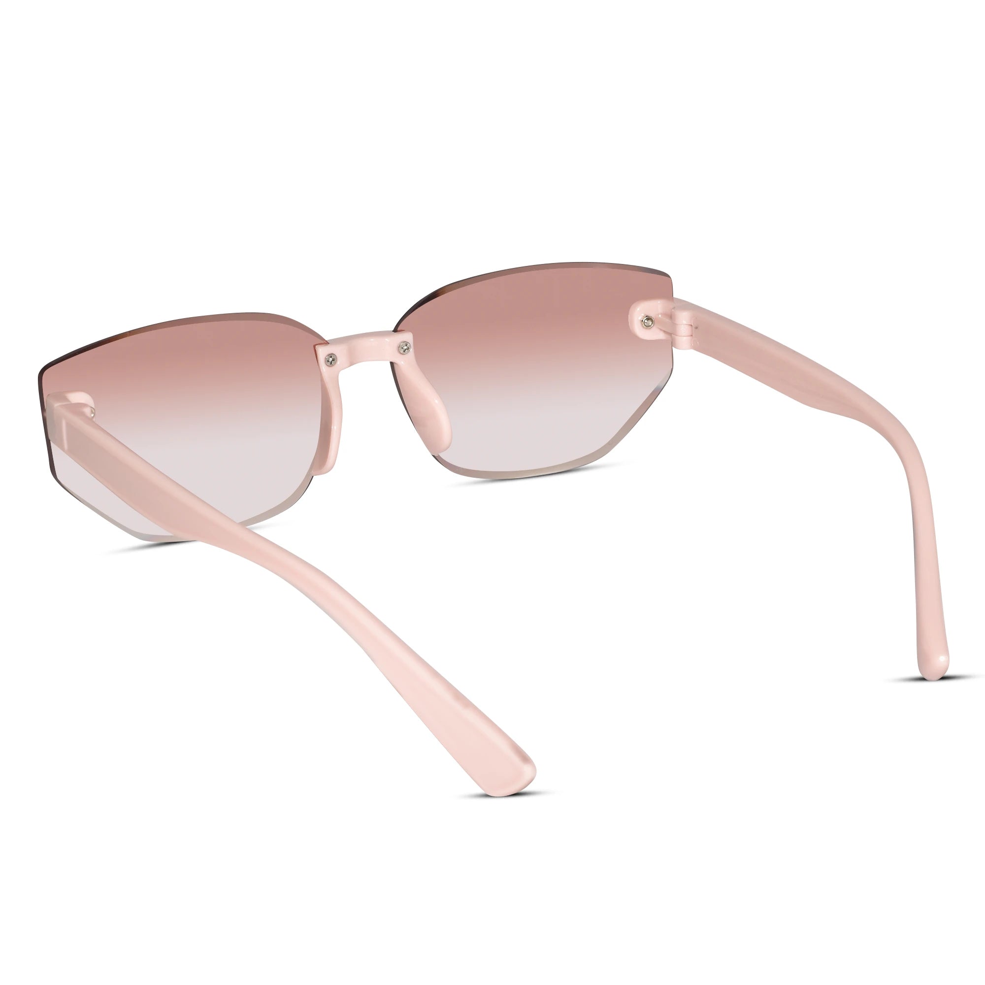 Light pink rimless sunglasses with a gradient rose-tinted lens, shown from a three-quarters angle on a white background.
