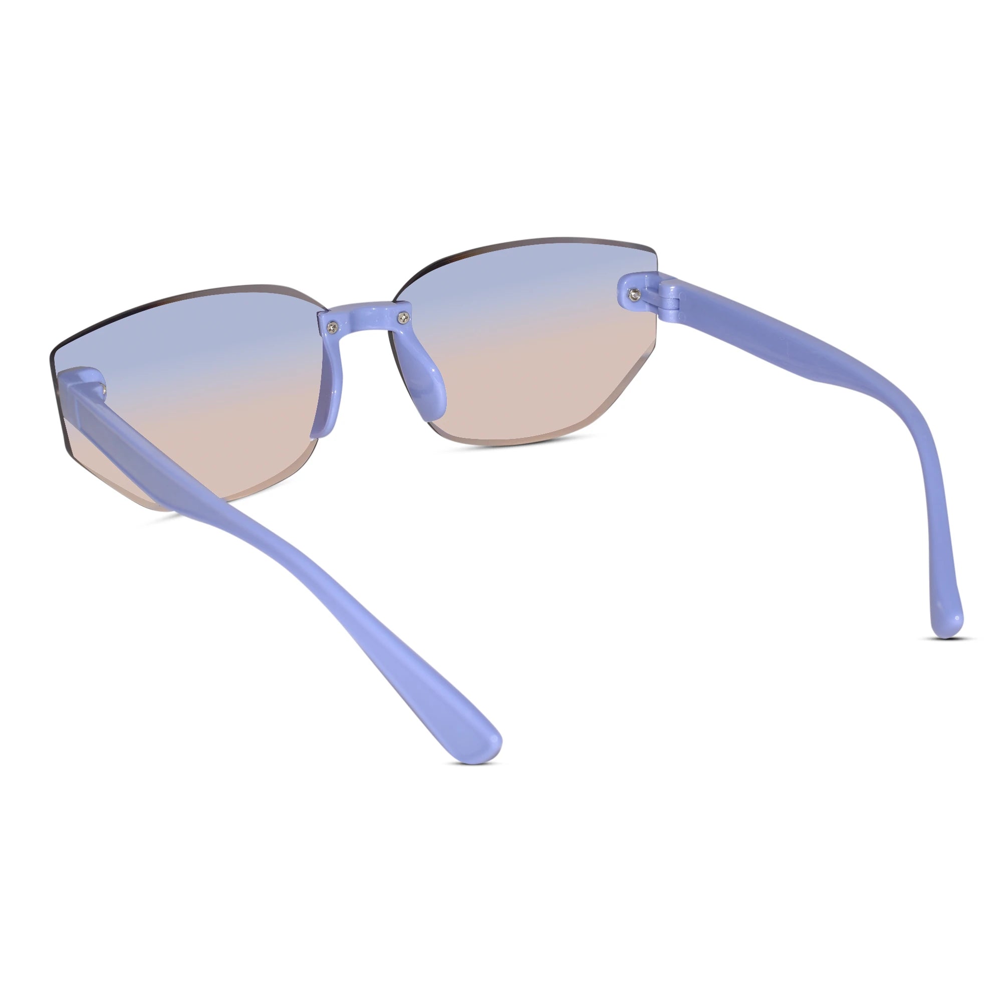 Light blue rimless sunglasses with a gradient lens that fades from blue at the top to a soft peach-pink at the bottom, shown on a solid white background.