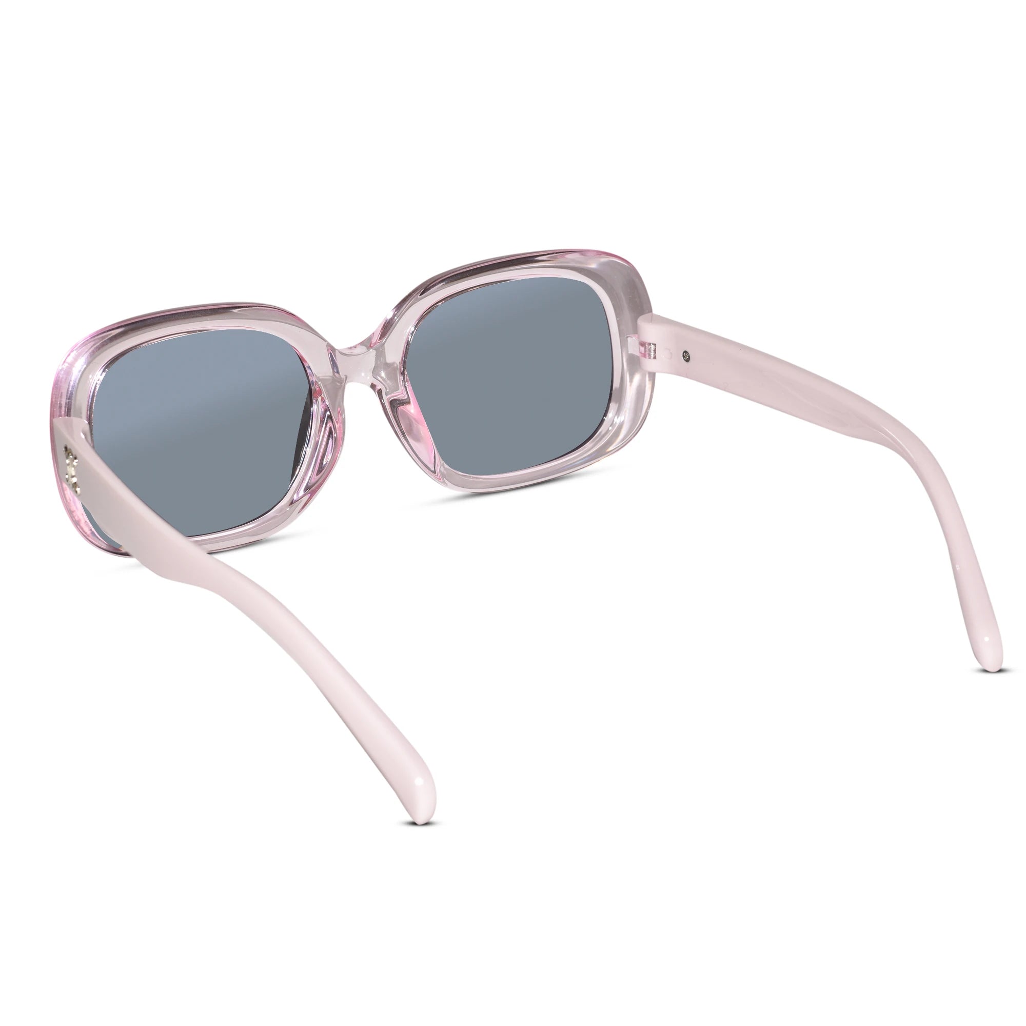 Light pink translucent square sunglasses with gray-blue lenses, shown from a three-quarters angle on a white background.