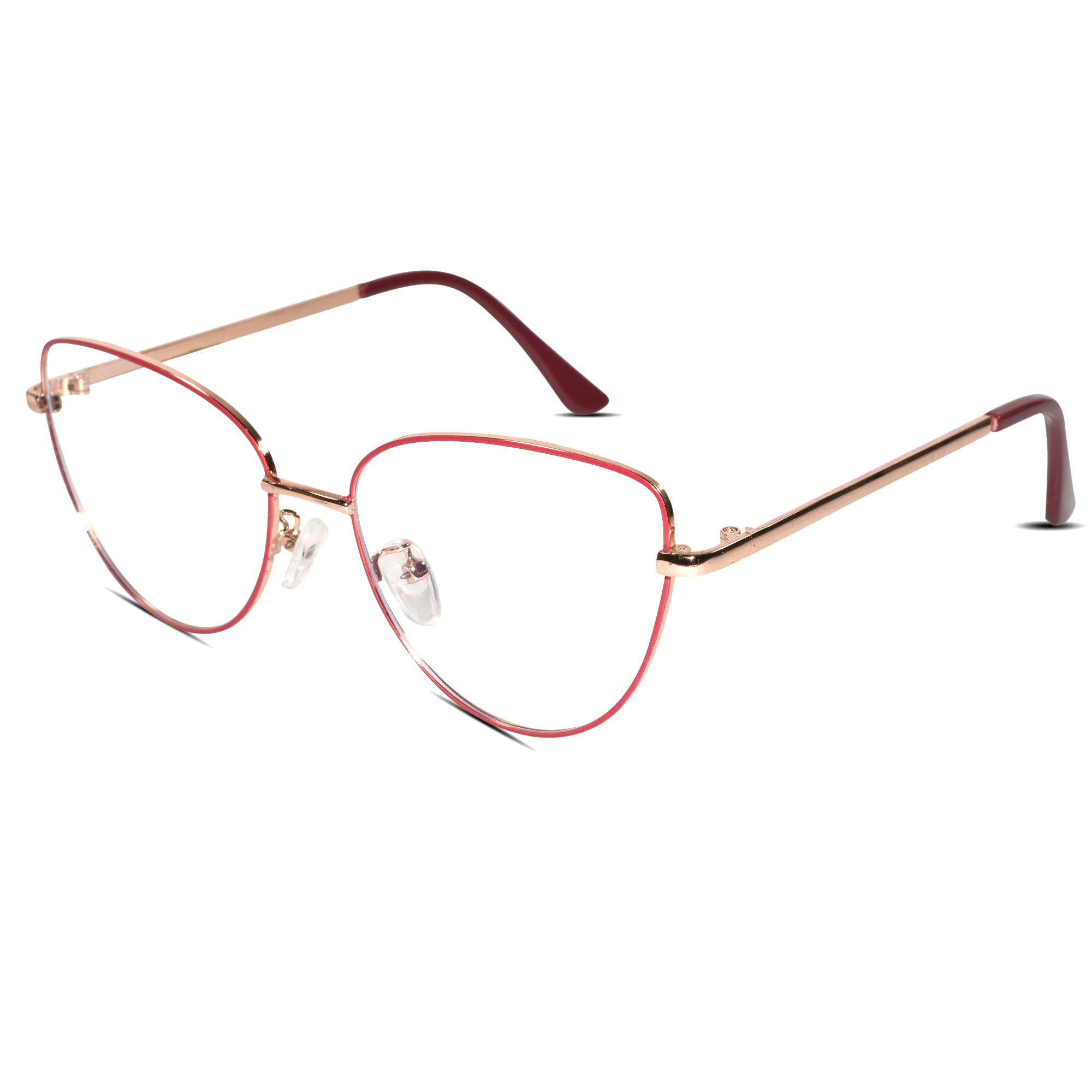 Find Trendy Red Golden Cat Eye Glasses Female with Blu Cut Lenses today. The best computer glasses in india for style.