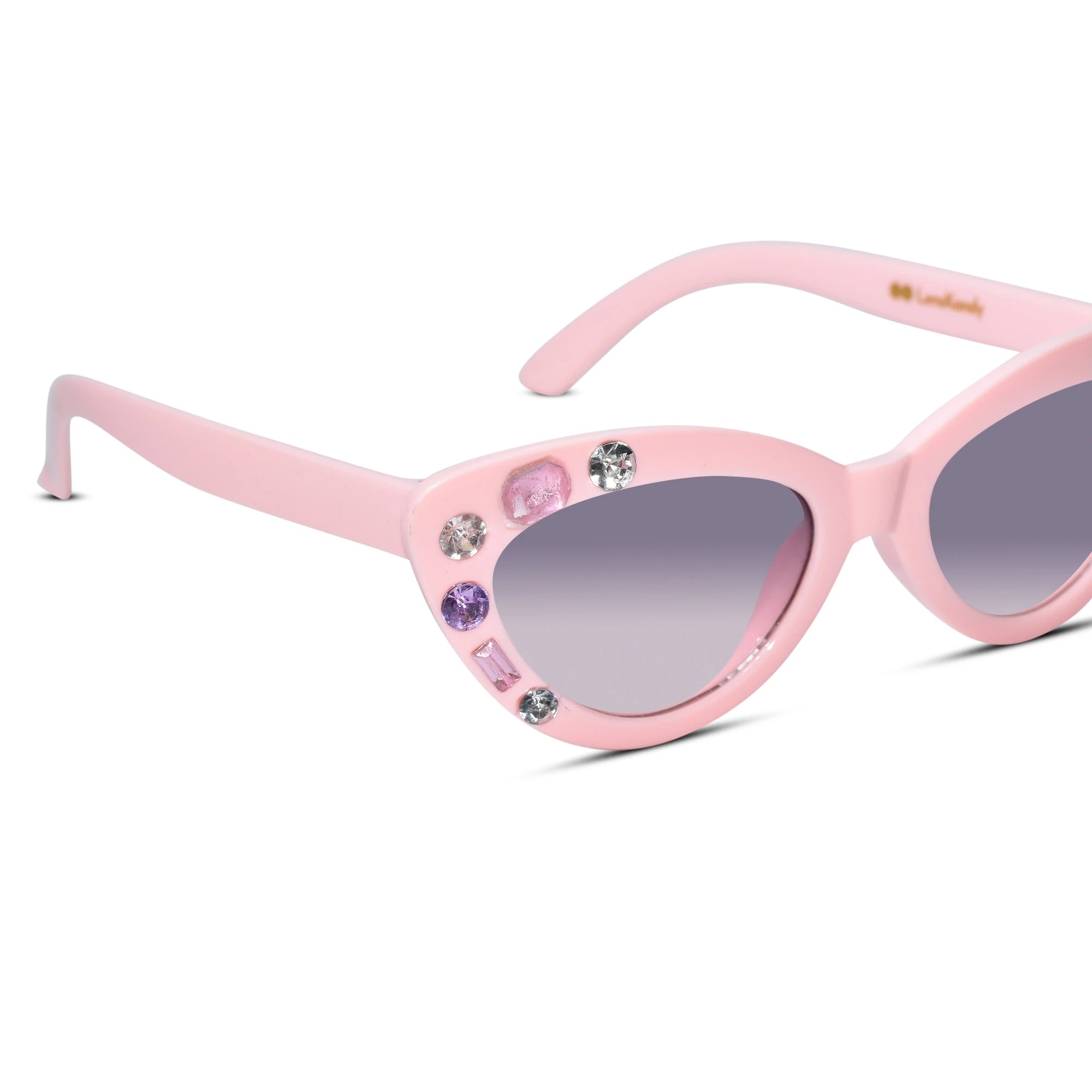 Pink cat-eye sunglasses with gradient gray lenses and decorative rhinestones on the front frame, shown on a white background.