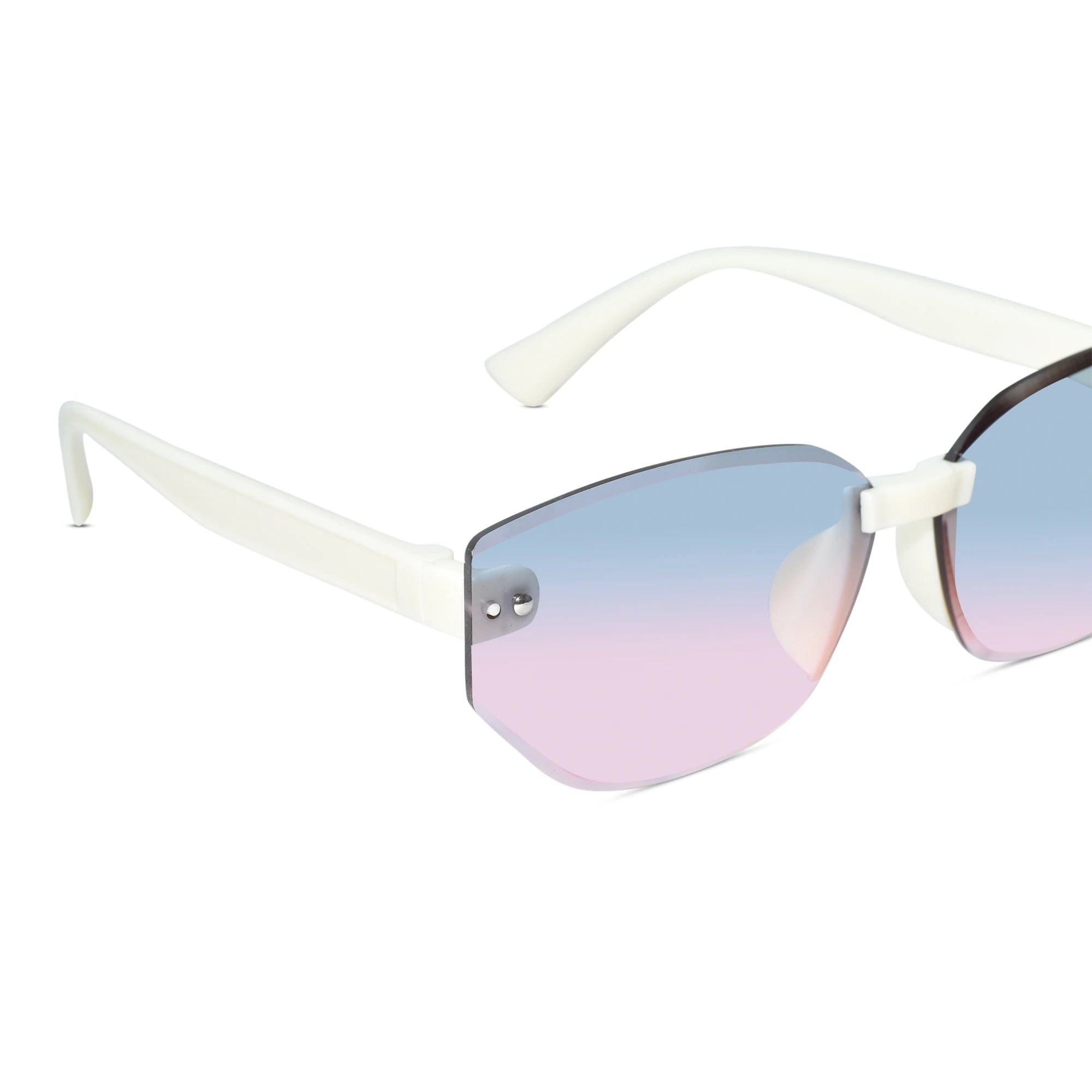 Close-up of rimless sunglasses with a white frame and gradient lenses shifting from light blue to soft pink, shown on a white background.