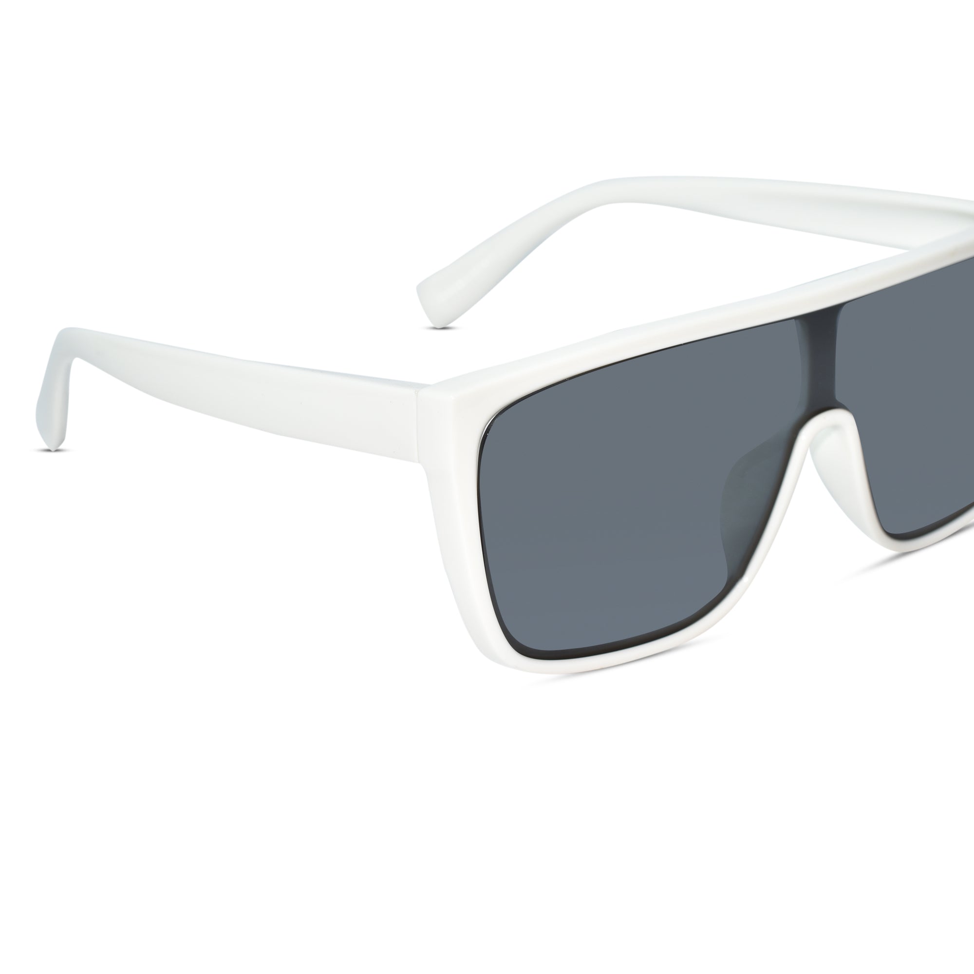 White shield-style sunglasses with dark gray lenses, shown at an angle on a clean white background.