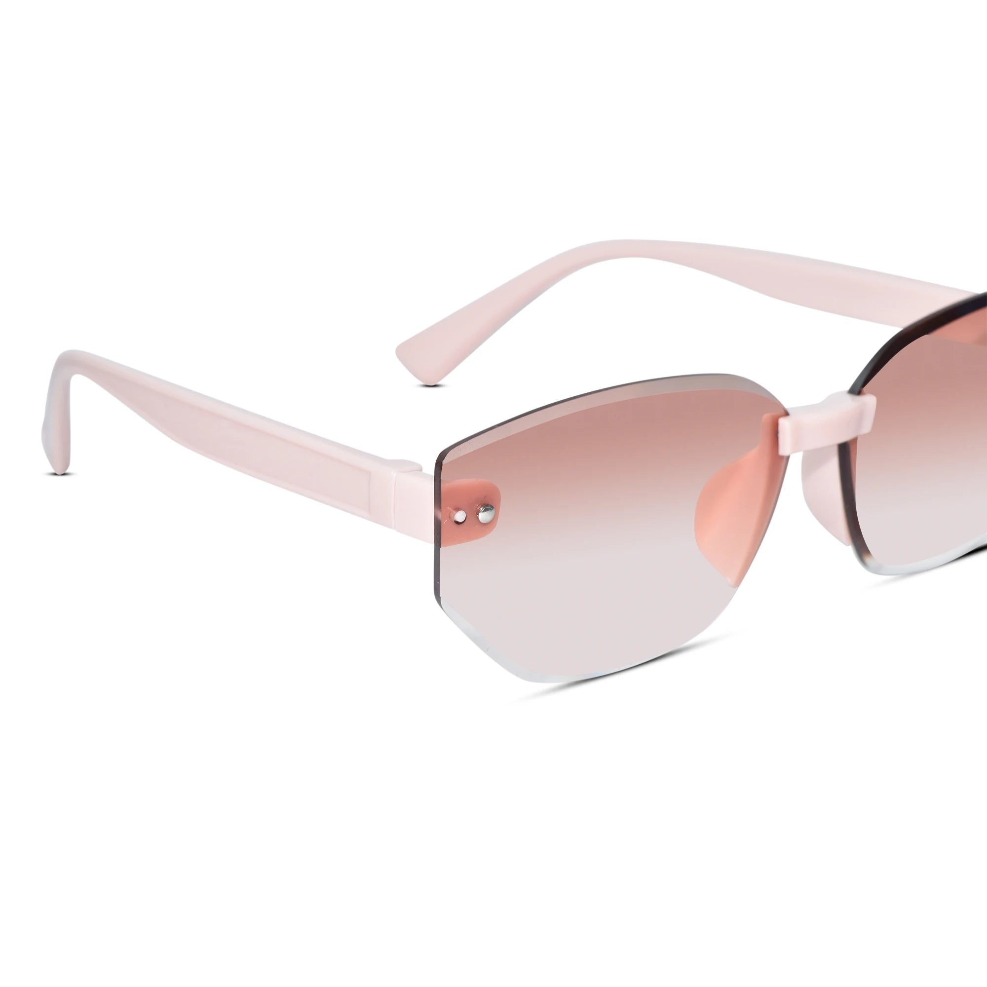 Close-up of a pair of oversized square sunglasses with a light pink frame and gradient rose-tinted lenses, shown on a white background.