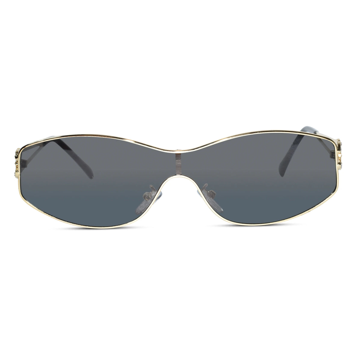 A pair of shield-style sunglasses with a gold metal frame and dark gray lenses, shown from a front-facing perspective on a solid white background.