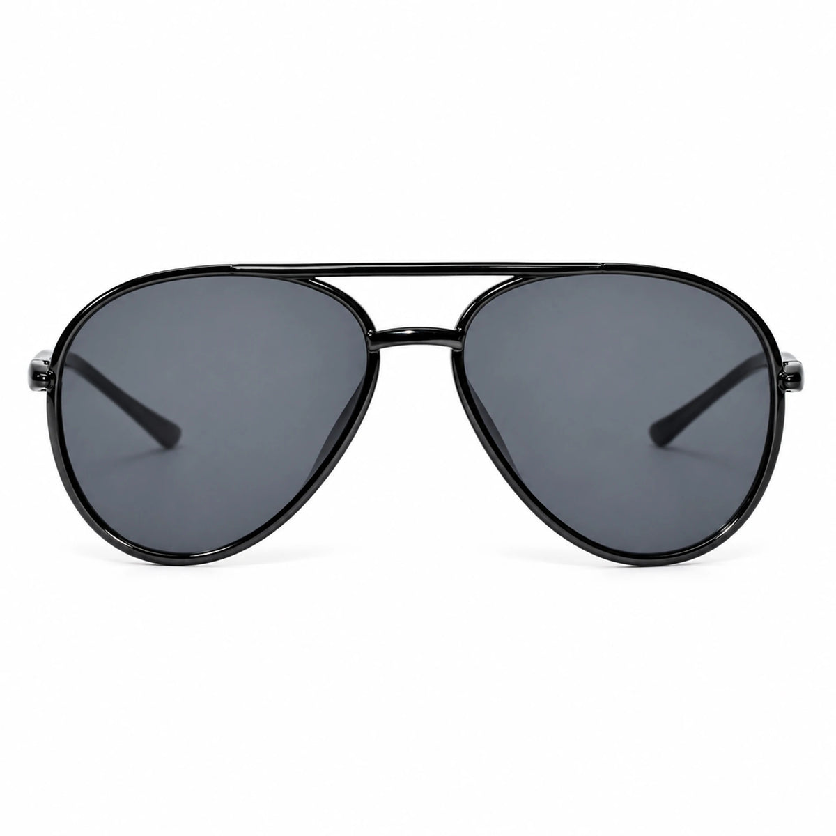 Black aviator sunglasses with dark gray lenses, shown from a front-facing perspective on a solid white background.