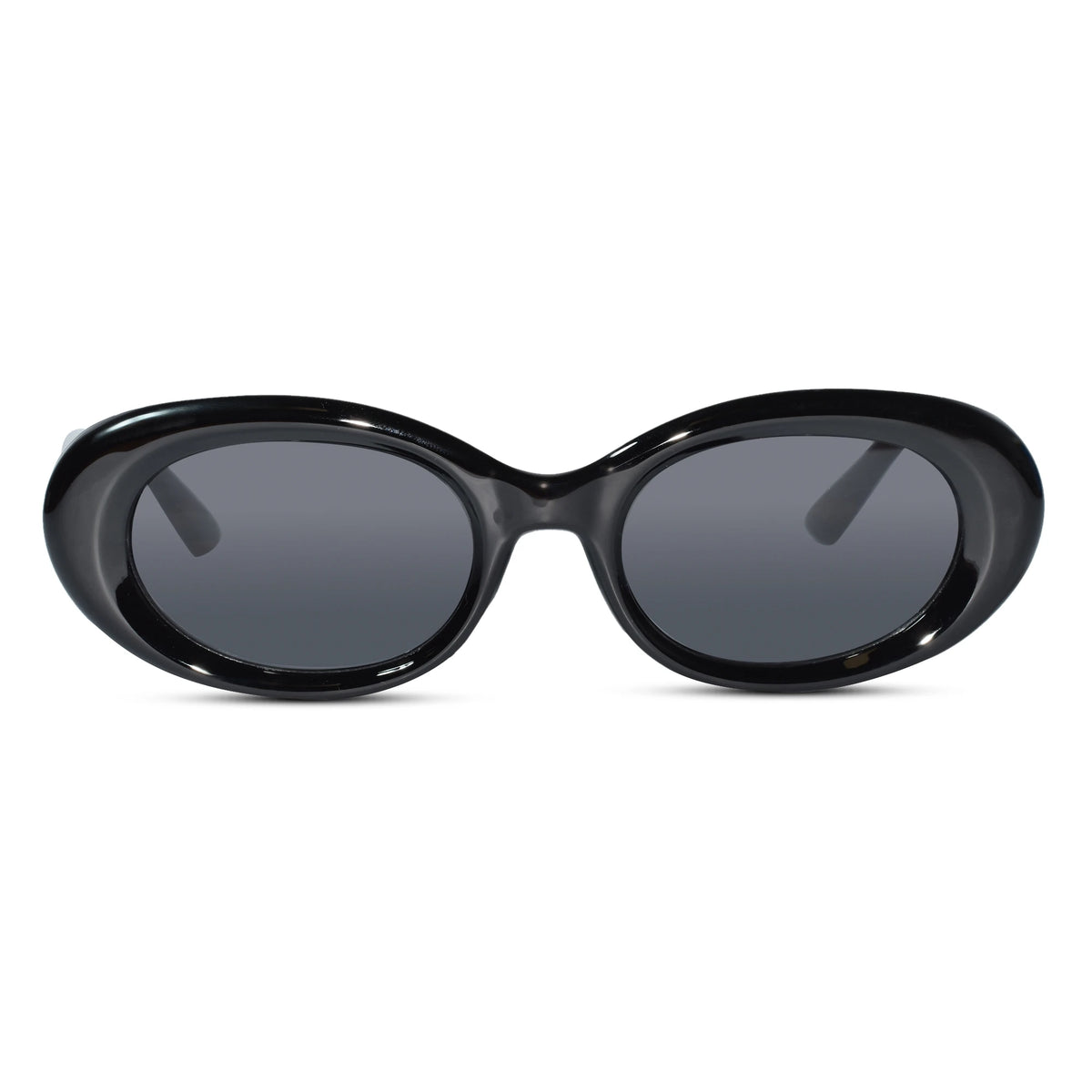 Oval sunglasses with a glossy black frame and dark gray lenses, shown from the front on a plain white background.