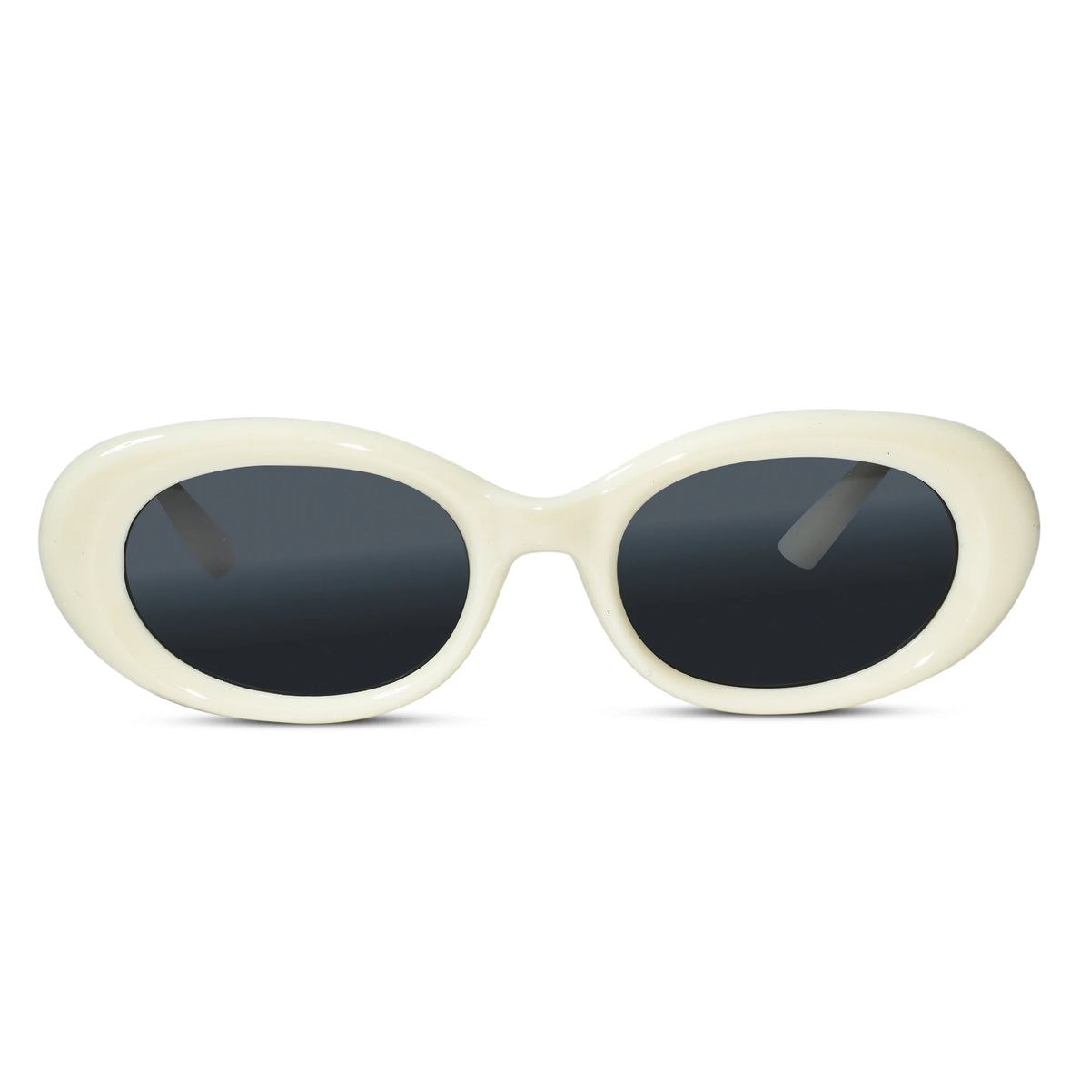 Oval sunglasses with a glossy cream-colored frame and dark gray lenses, shown against a plain white background.