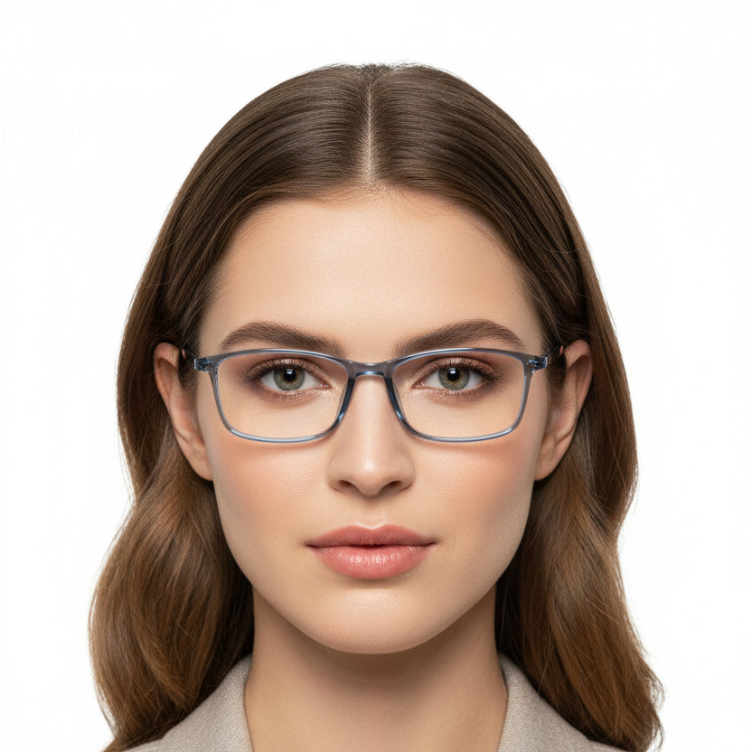 A pair of translucent light blue acetate eyeglasses with a rounded rectangular frame, shown from the front on a solid white background.