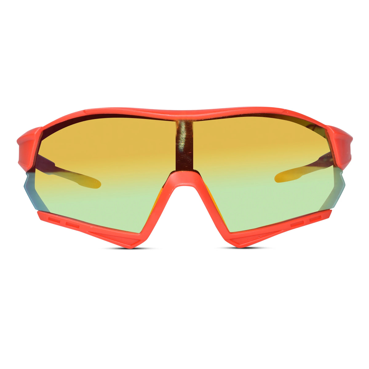 Sport sunglasses with a bright coral-red frame and a large shield lens featuring a yellow-to-green gradient mirror finish, shown against a plain white background.