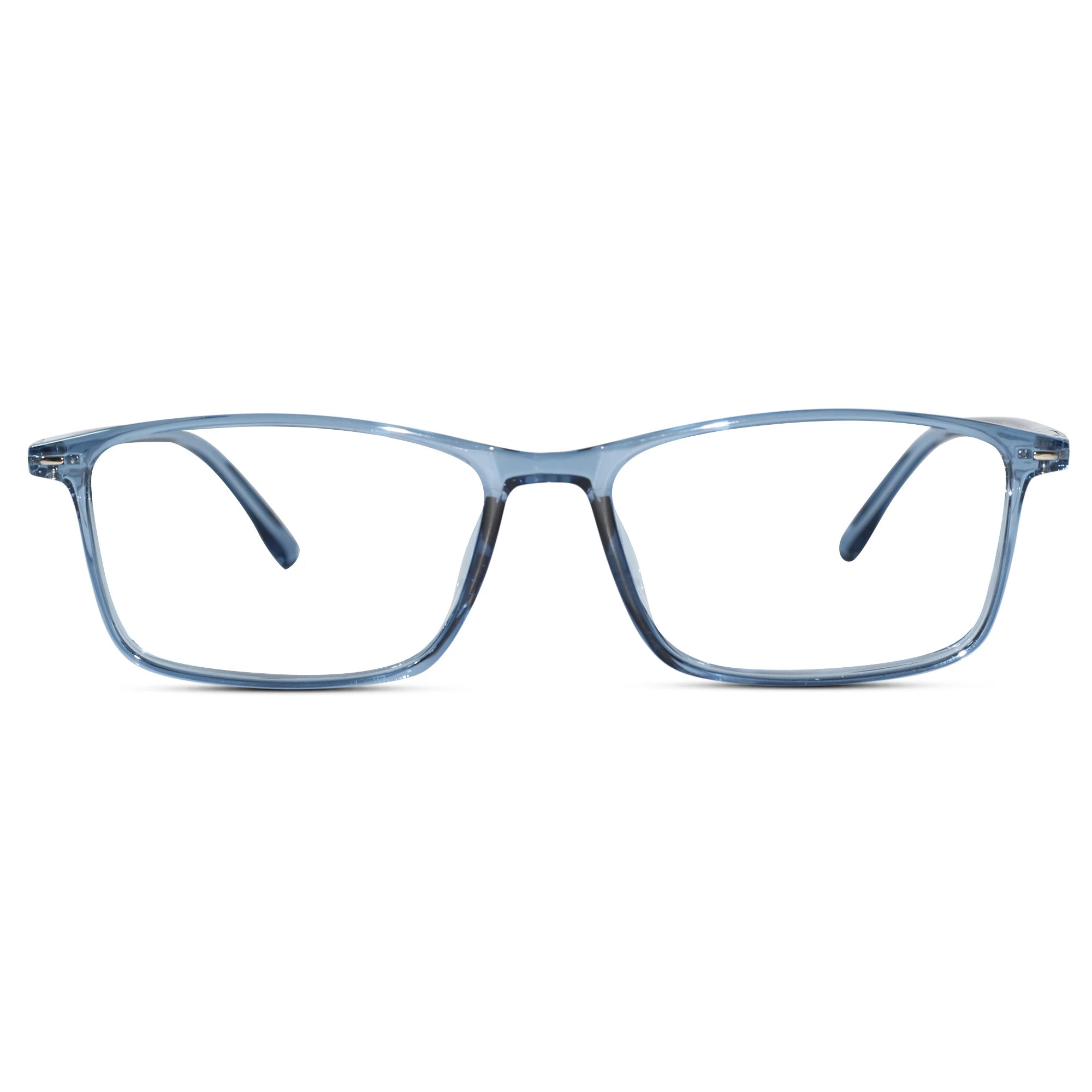 A pair of translucent light blue acetate eyeglasses with a rounded rectangular frame, shown from the front on a solid white background.