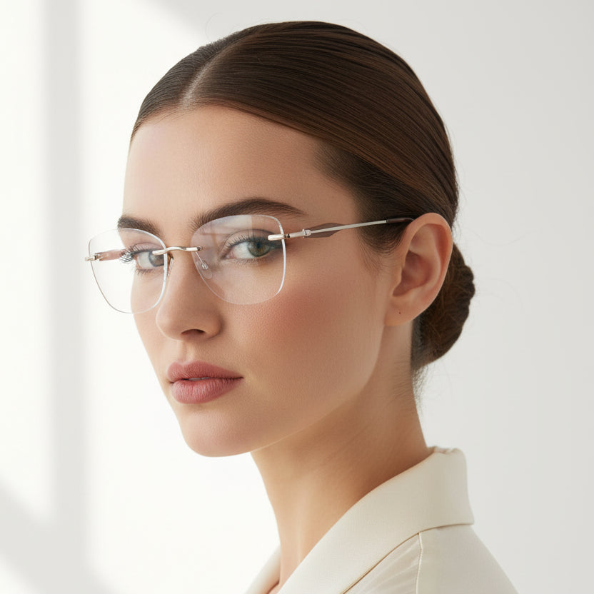 Aurelia Grace Crystal Brown Rimless Cateye Glasses for Women LKE79016-Brown