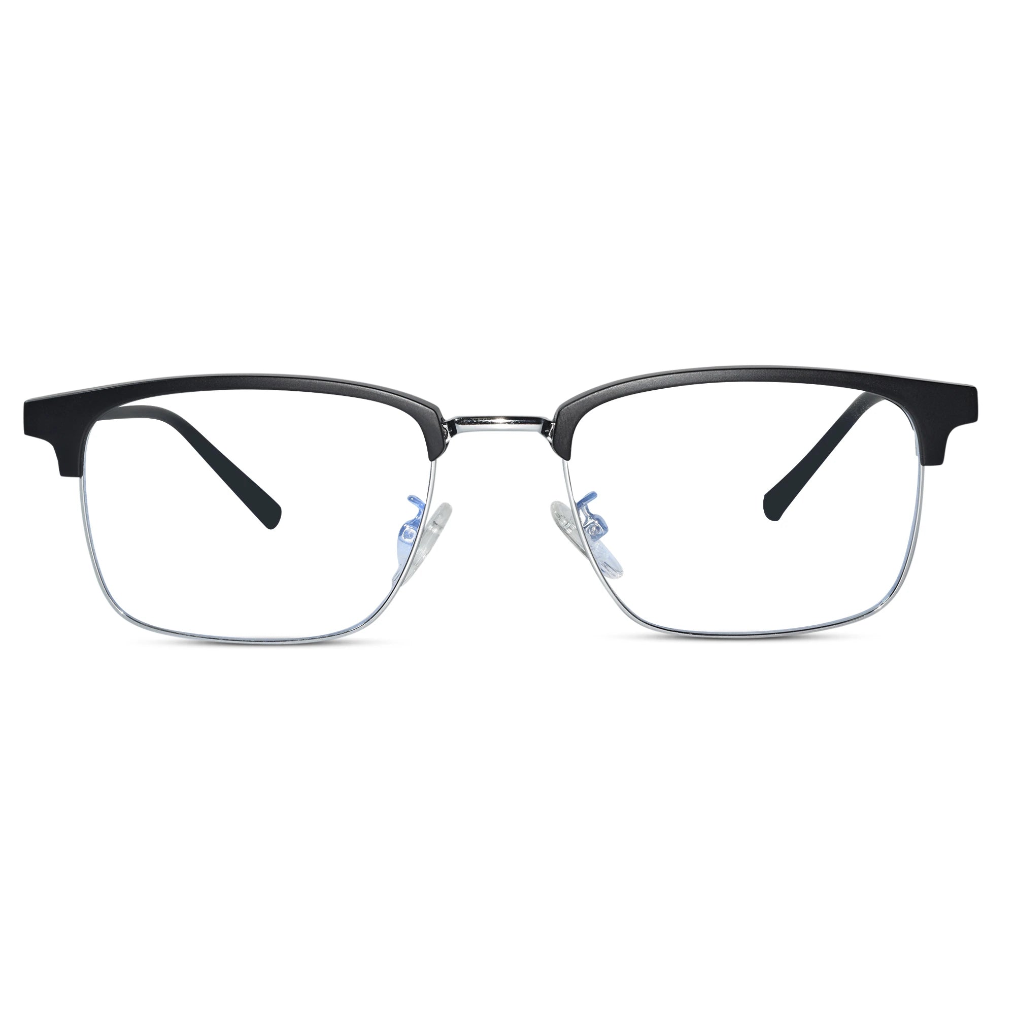 A pair of semi-rimless rectangular eyeglasses with a matte black upper frame, clear lower rims, and silver metal bridge and hinge details, shown against a plain white background.