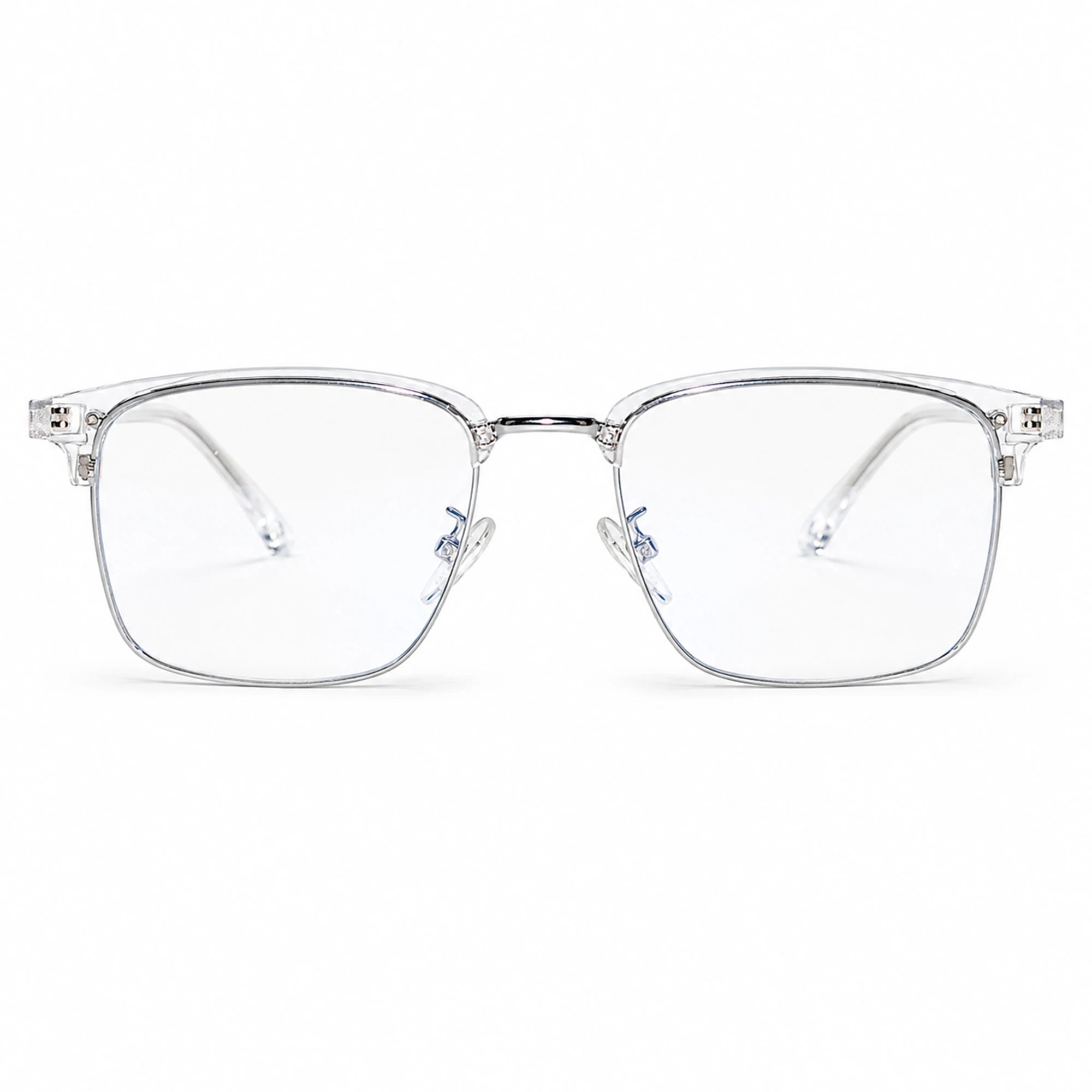 Clear acetate square eyeglass frames with clear lenses and silver metal bridge and temple tips, shown on a white background.