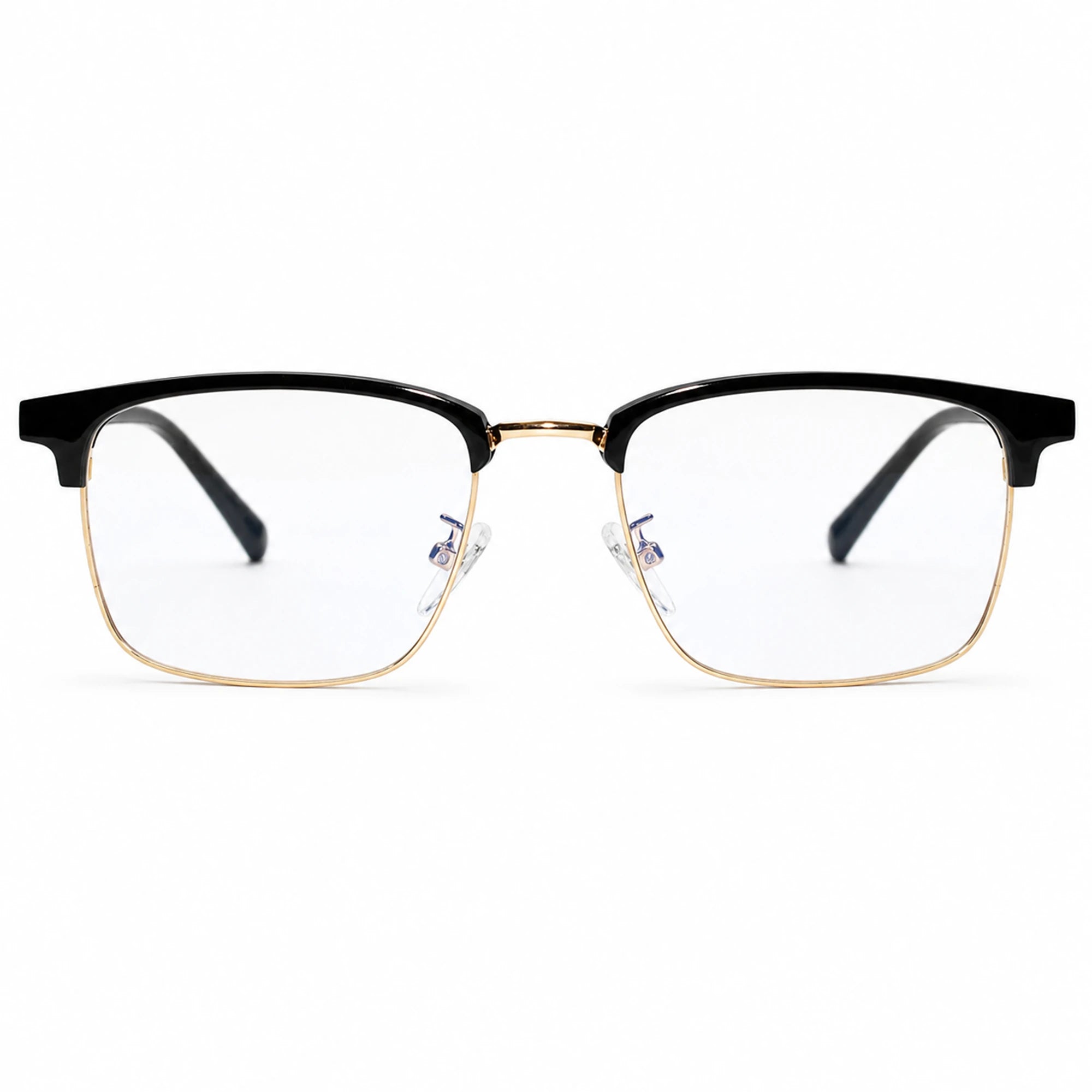 A pair of semi-rimless square eyeglasses with a glossy black upper brow and gold metal lower rims, clear lenses, and black temple tips, shown against a plain white background.