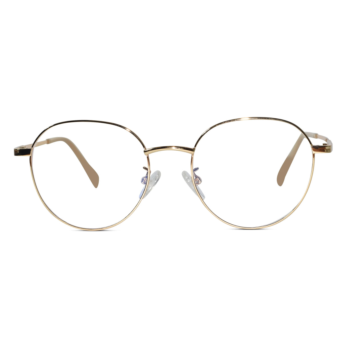 Oversized round metal eyeglasses with a thin gold-tone frame and clear lenses, shown against a plain white background.