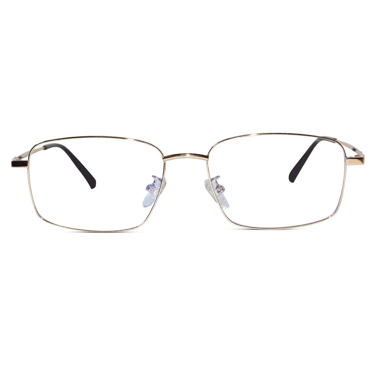 Rectangular metal eyeglass frames with a thin gold-tone rim, clear lenses, and black temple tips, shown against a plain white background.
