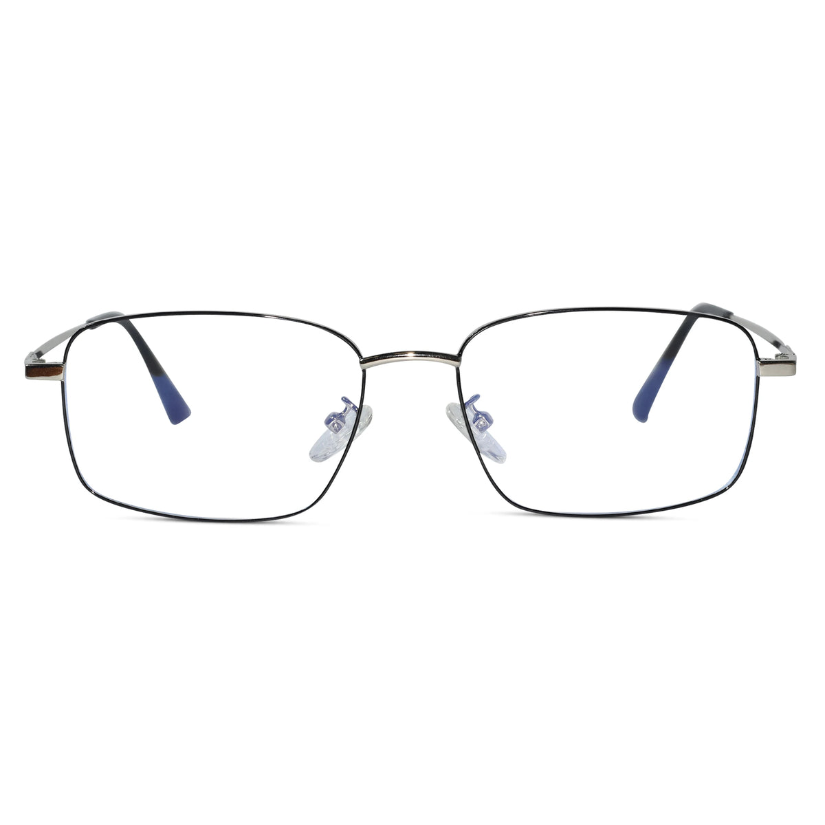Rectangular metal eyeglasses with a thin dark frame, silver bridge and temple tips, and blue temple tips, shown against a plain white background.