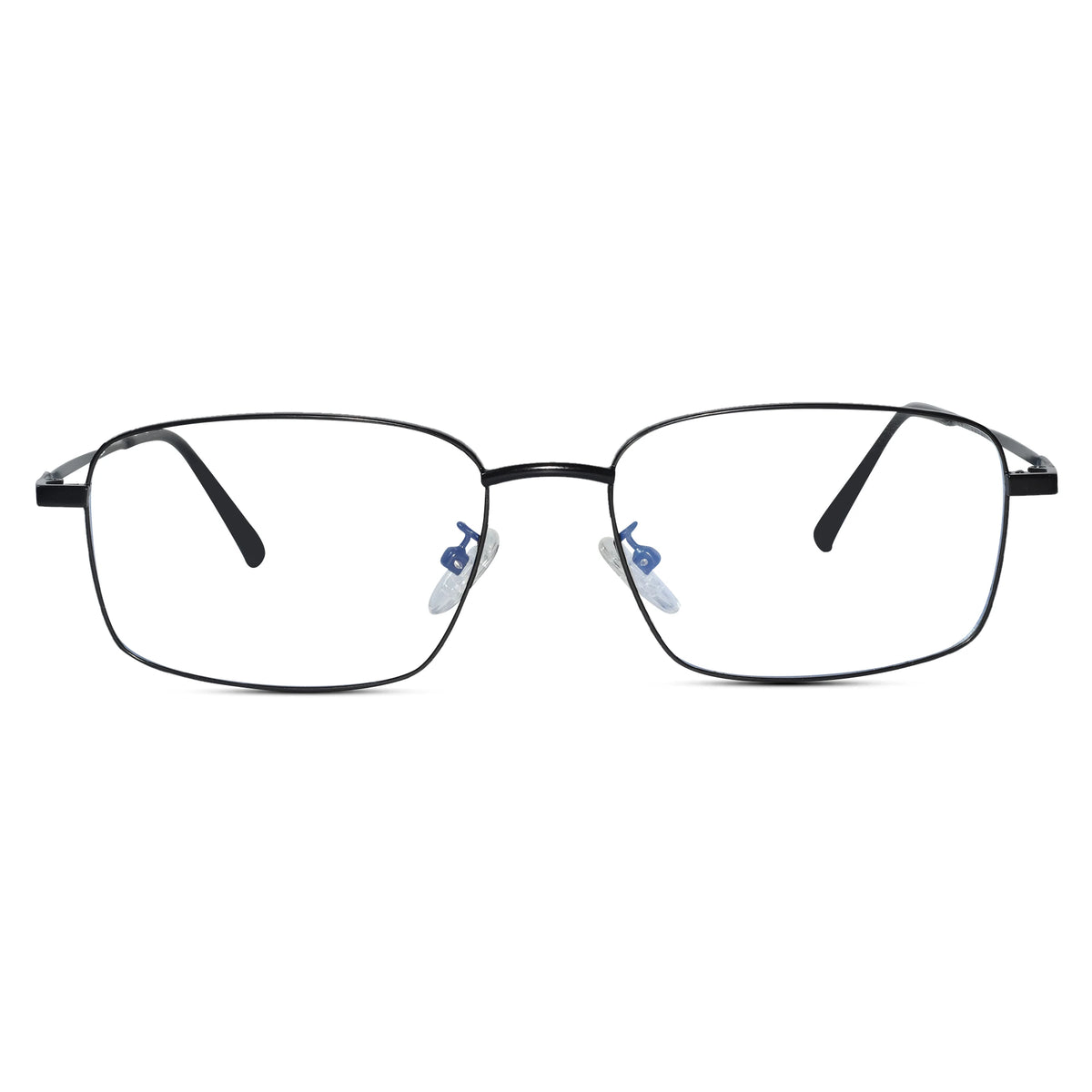 Rectangular metal eyeglasses with a thin black frame, clear lenses, and light blue silicone nose pads, shown against a plain white background.