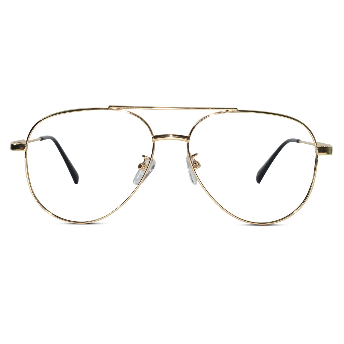 Gold metal aviator-style eyeglasses with clear lenses and black temple tips, shown from the front on a plain white background.