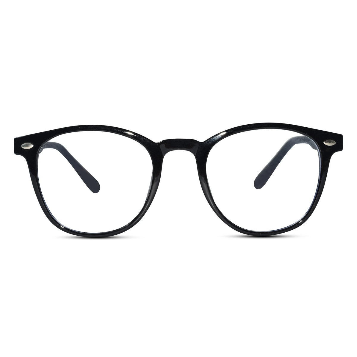 Black round eyeglass frames with clear lenses and small gold rivets, shown from the front on a white background.