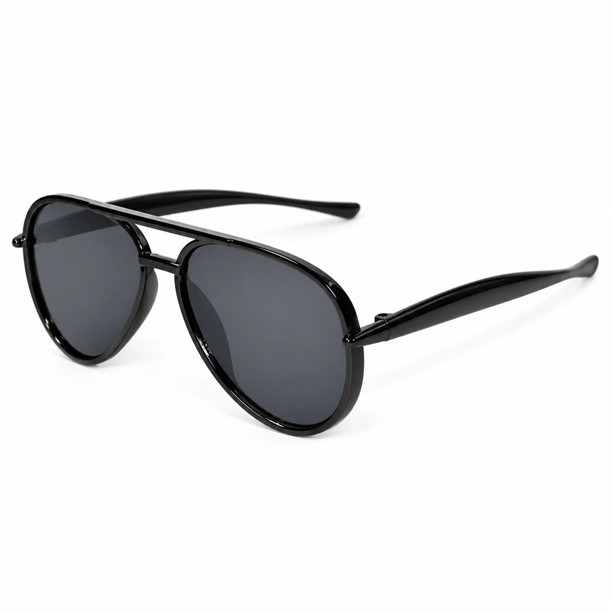 Black aviator sunglasses with dark gray lenses and slim temples, shown at an angle on a white background.