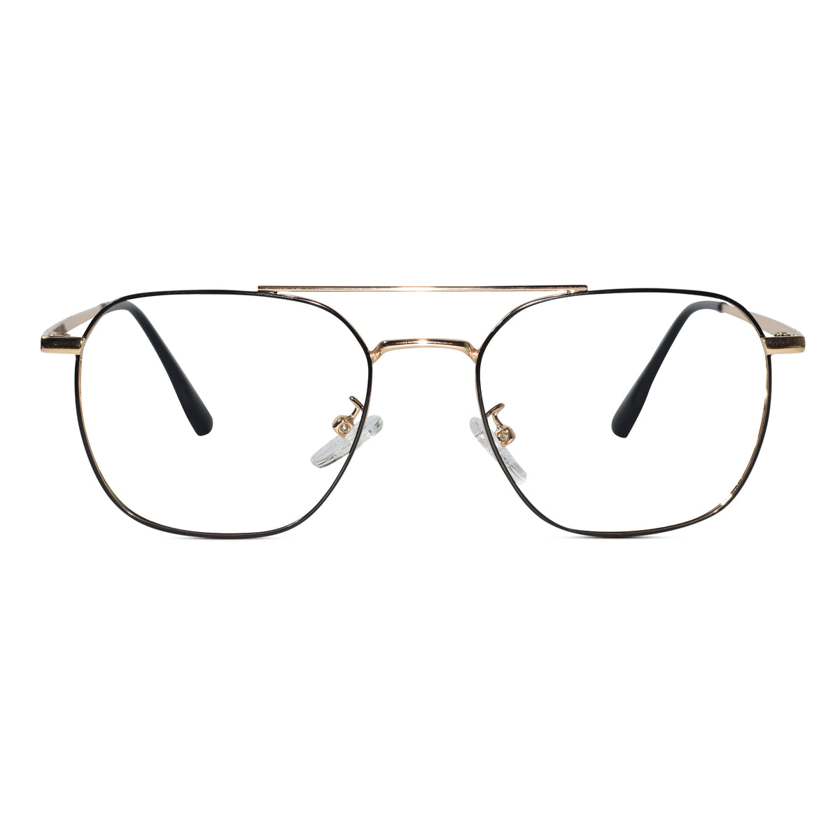A pair of aviator-style eyeglasses with a thin gold metal frame, black temples, and clear lenses, shown against a plain white background.
