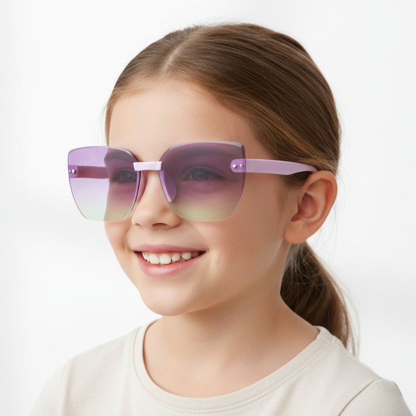 A pair of oversized square sunglasses with a light purple frame and gradient lenses that fade from lavender to pale green, shown on a solid white background.