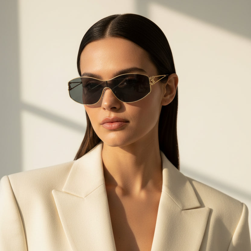 Aviator-style sunglasses with a gold metal frame, dark gray lenses, and black temple tips, shown on a plain white background.